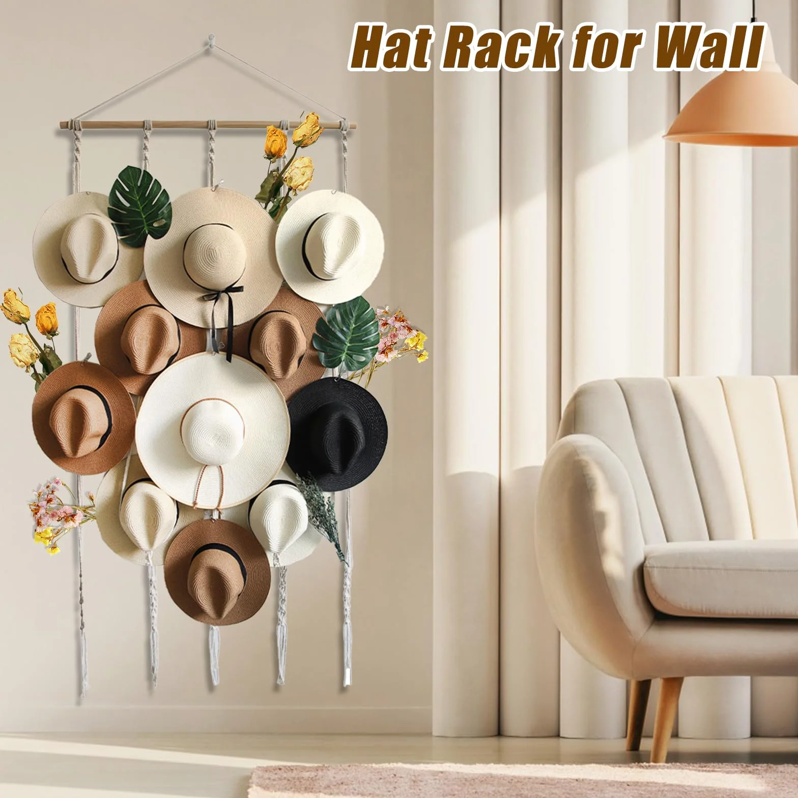JOJOCY Porta cappelli da parete con 12 clip, organizer boho per cappelli Fedora, cowboy, tesa larga 155x80 cm