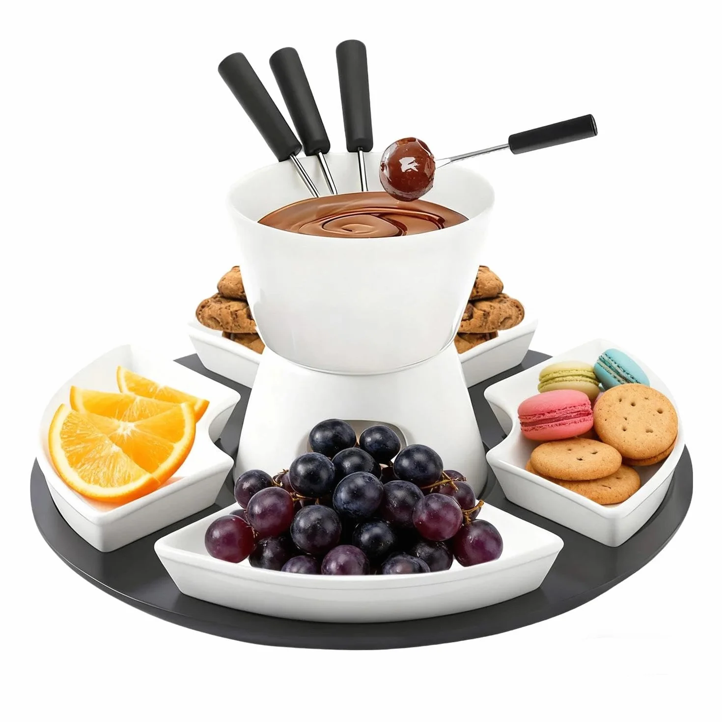 Set di Fonduta di Cioccolato in Ceramica 300 ml, 4 Piatti e 4 Forchette, Bianco