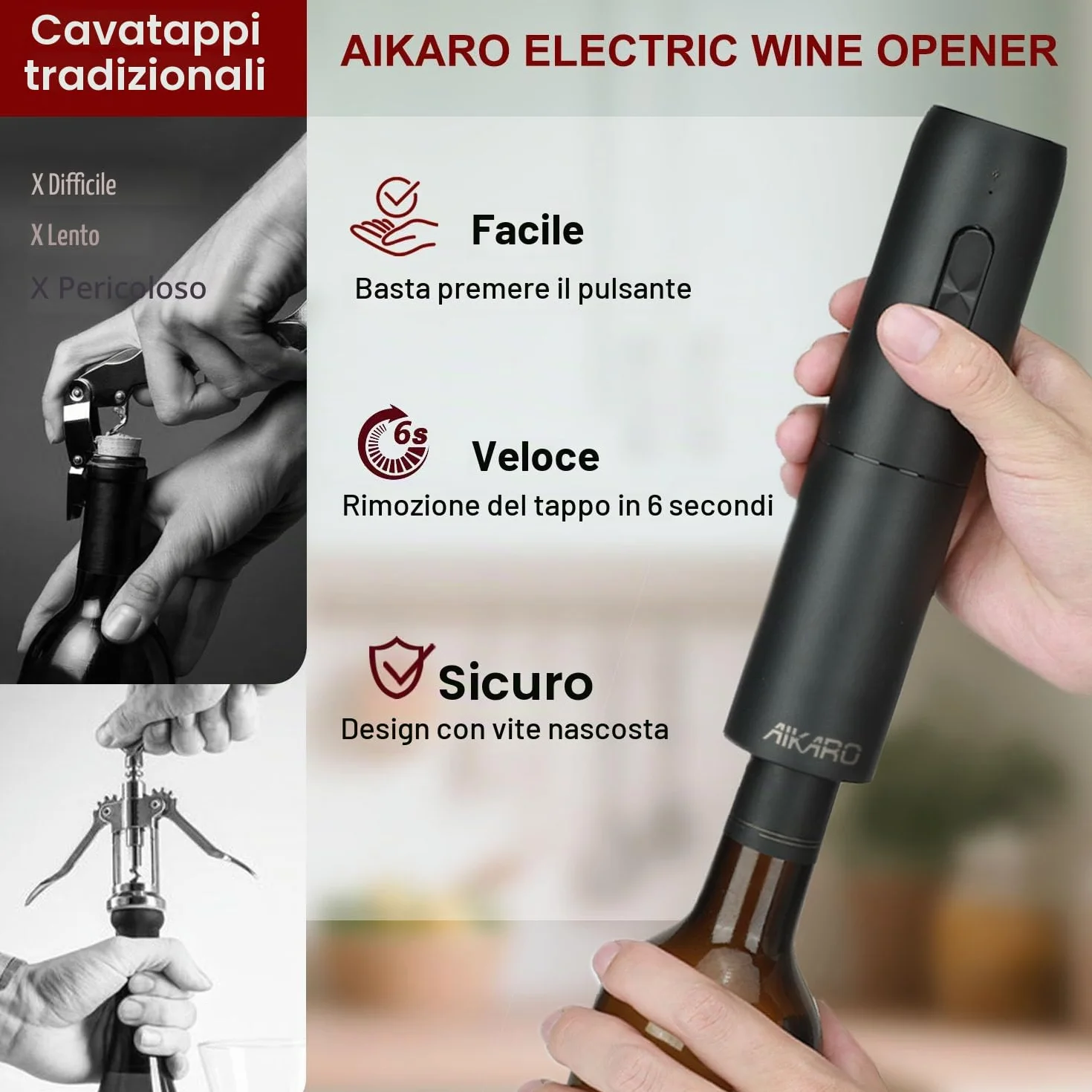 AIKARO Cavatappi Elettrico Automatico Ricaricabile per Vino