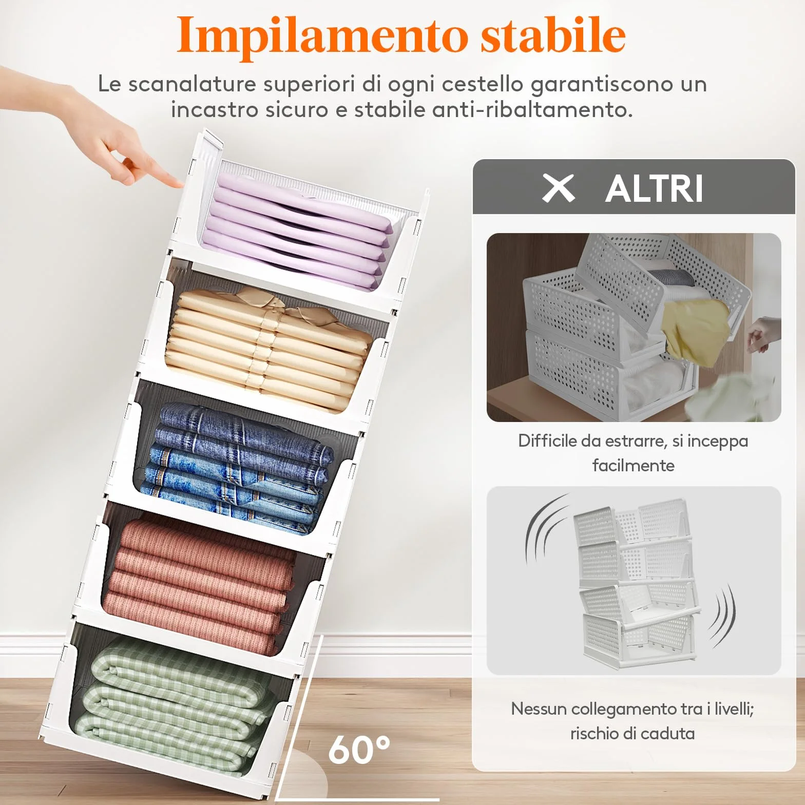 Lifewit Organizer Armadio, Contenitori Impilabili per Vestiti con Cassetti Salvaspazio, 24L Bianco 5 Pezzi