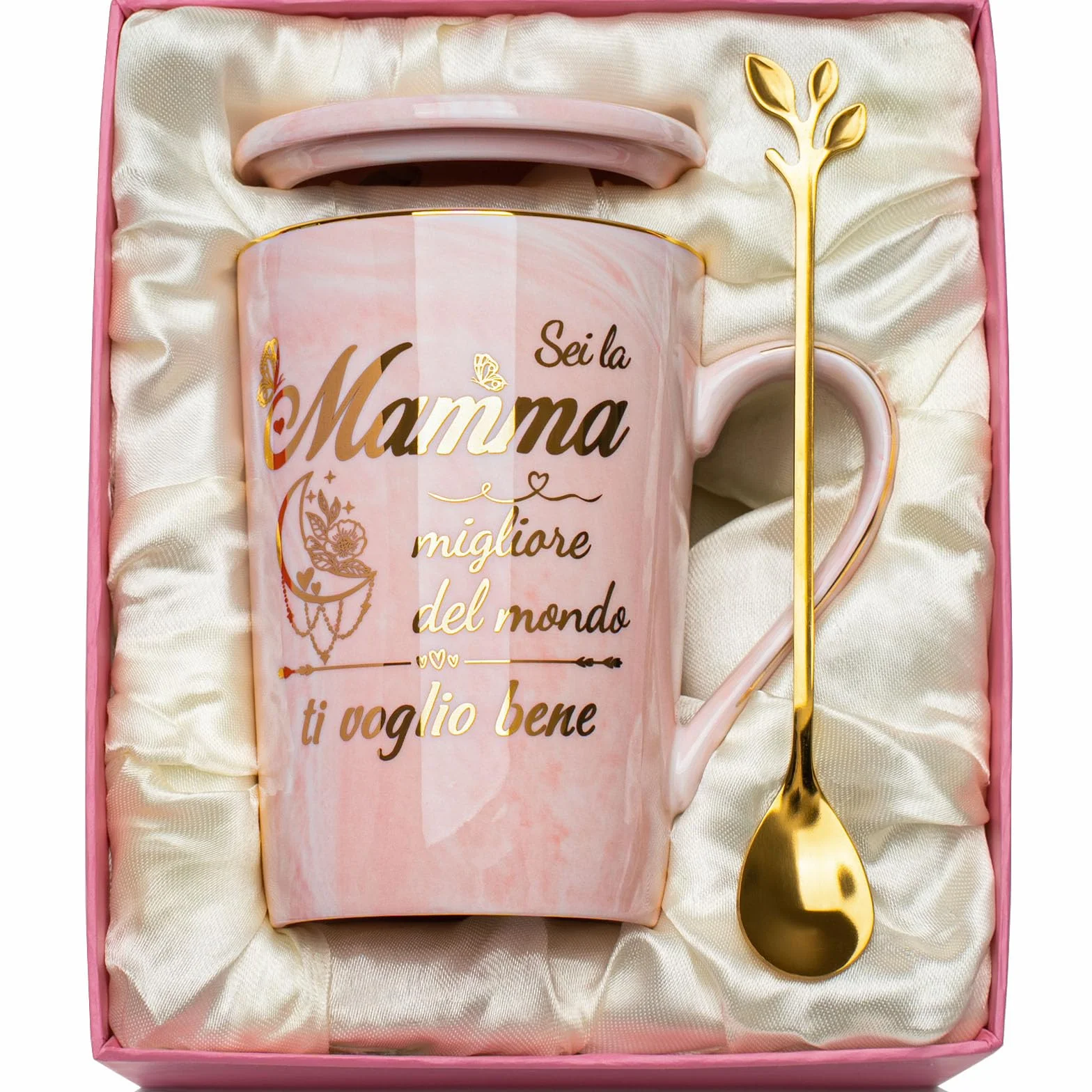 Tazza 400ml Ceramica Marmorizzata Rosa Regalo Mamma Compleanno Natale con Coperchio e Cucchiaio