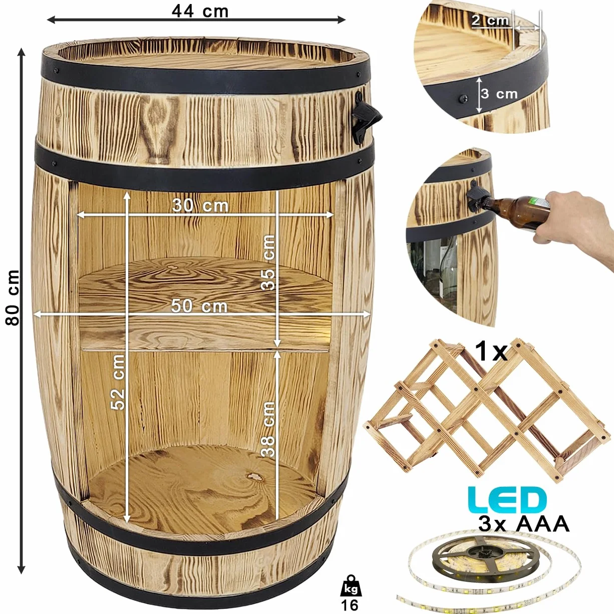 weeco Portabottiglie in legno con luci a LED e portabottiglie – Barile in legno per bicchieri e bottiglie – Montabile – Armadietto per vino – Set regalo – Wine Rack in legno 80 x 50 cm
