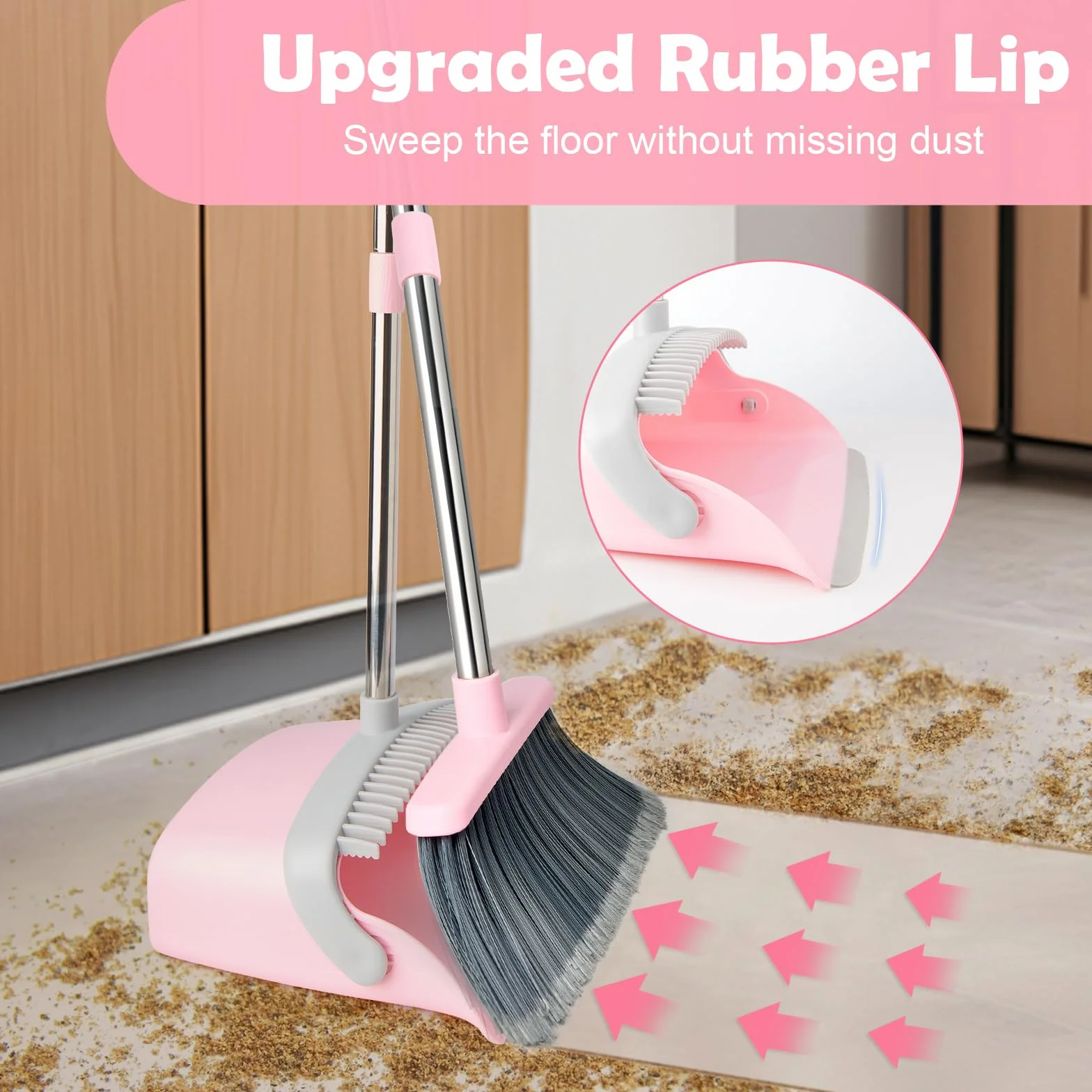 Set di scope e paletta con manico lungo, scopa con paletta, set con manico estraibile, paletta Broom and Dustpan, per la pulizia della casa, ufficio (grigio-rosa)