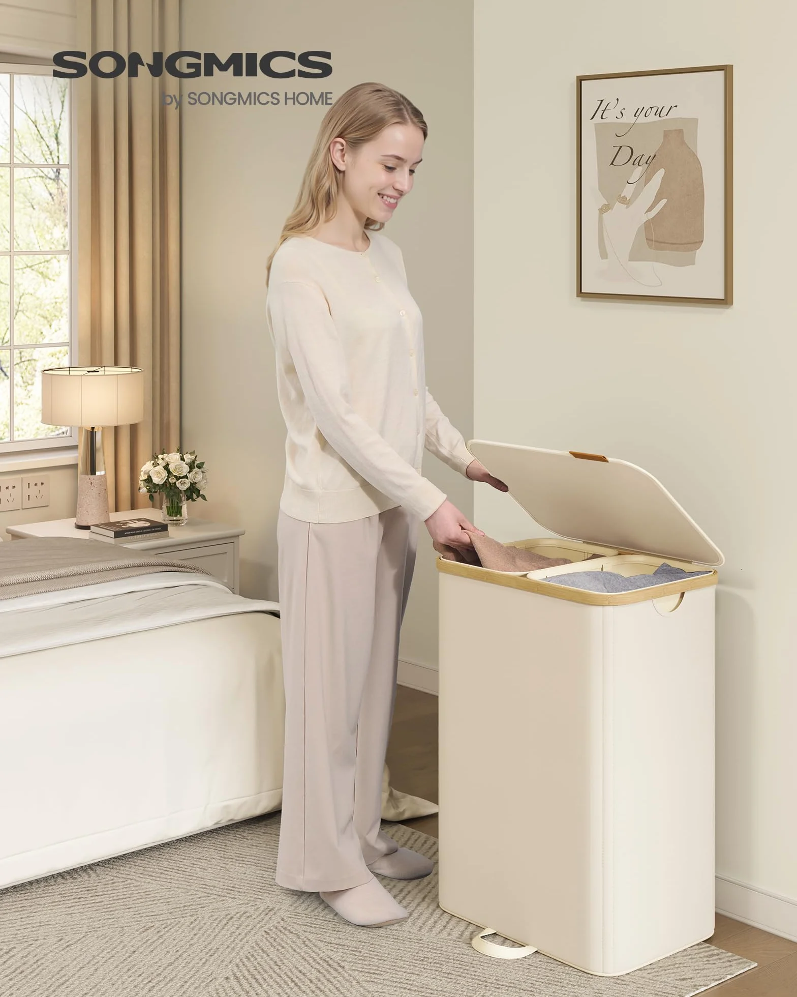 SONGMICS Cesto Portabiancheria con Coperchio, 2 Scomparti, 150 L, Bianco Crema LCB532WD01