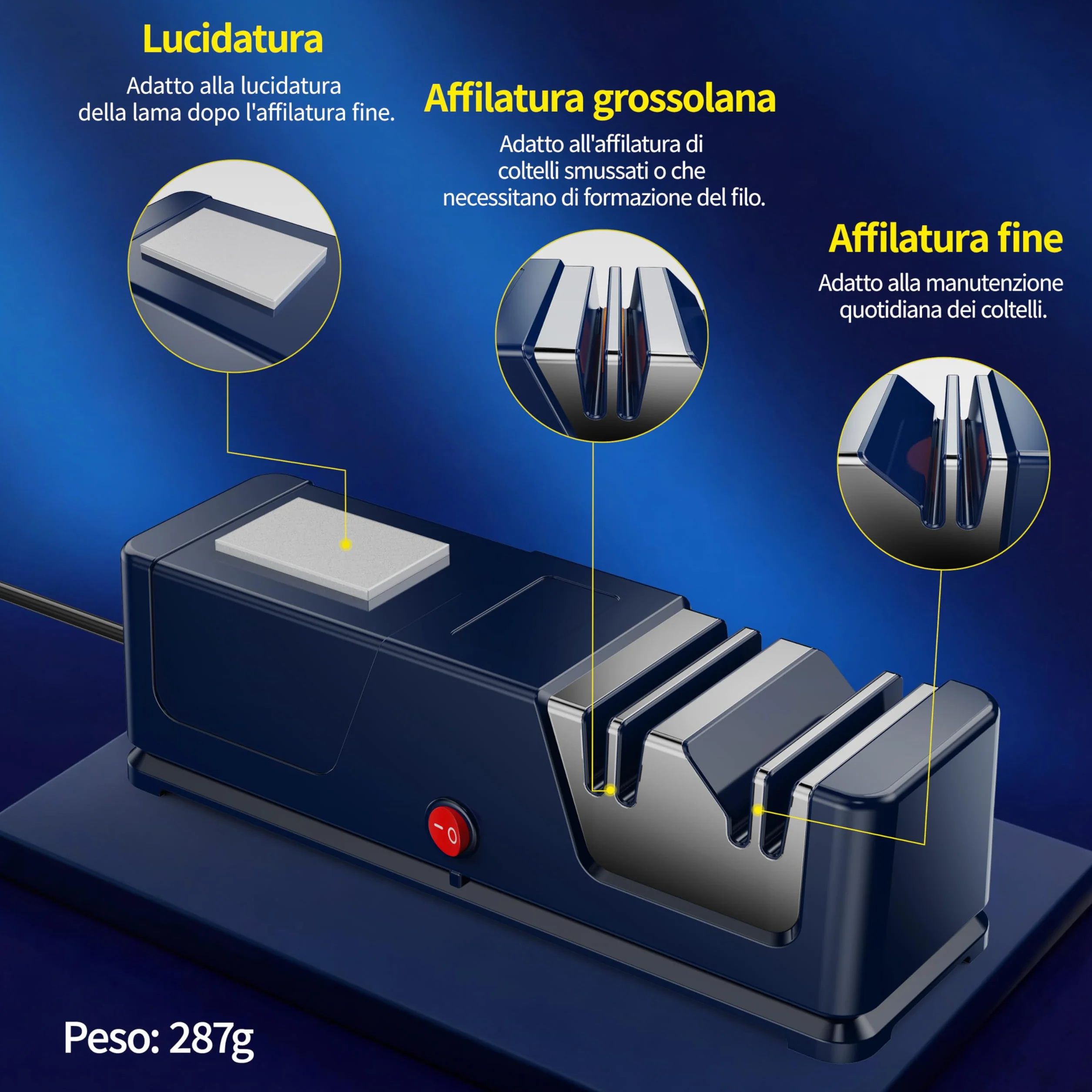 Affilacoltelli elettrico 5 in 1, rivestimento in diamante, motore silenzioso, base antiscivolo