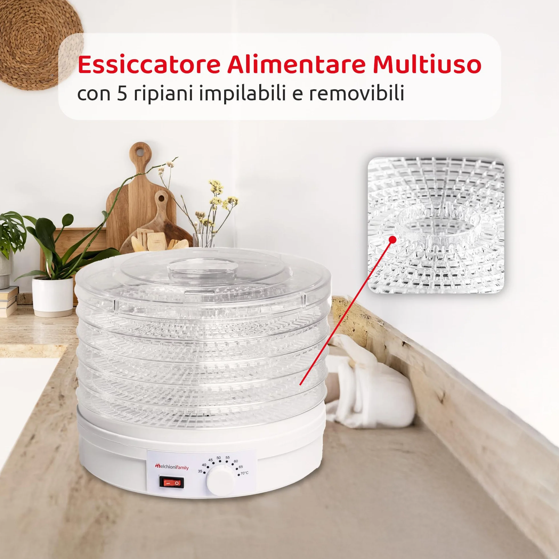 Melchioni Family | Essiccatore Elettrico BABELE, Essiccatore Alimentare Multiuso, 5 Ripiani Impilabili e Removibili, Potenza 250W, Temperatura Regolabile 40-70°C