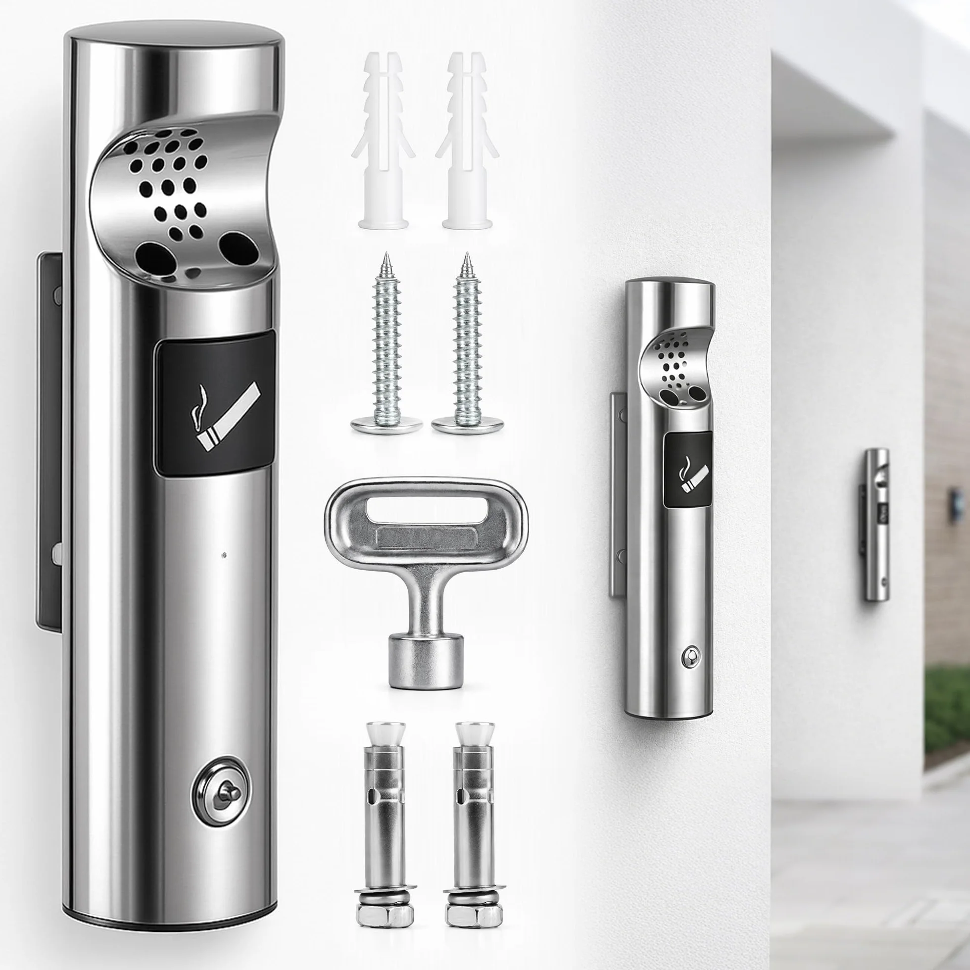 Posacenere da parete in acciaio inox per esterni, set con chiave