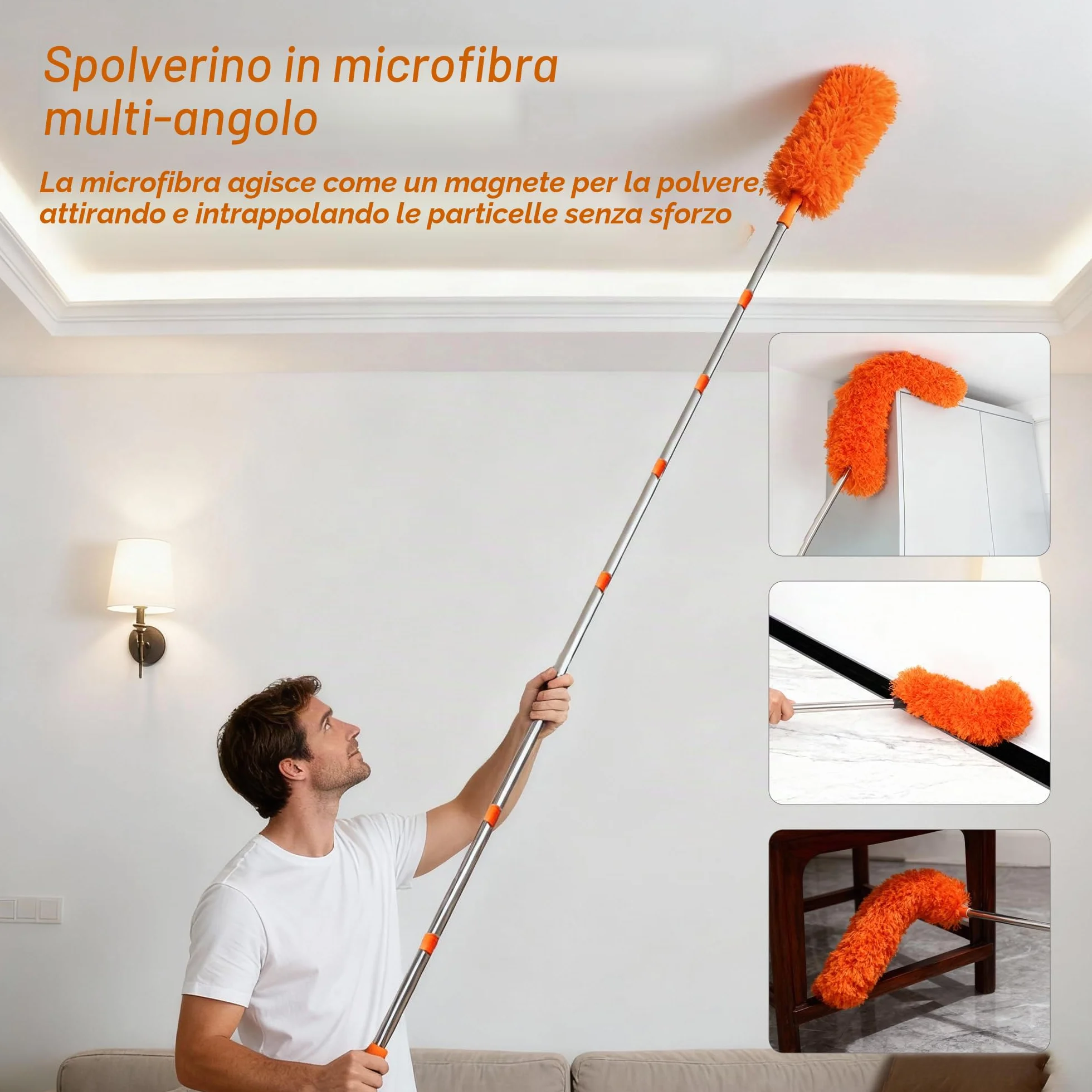 Spolverino Telescopico da 6 m, Strumento di Pulizia con Manico Estensibile (da 1,5 a 4,9 m), Panni per Spolverare Flessibili Riutilizzabili, Adatto per Interni ed Esterni
