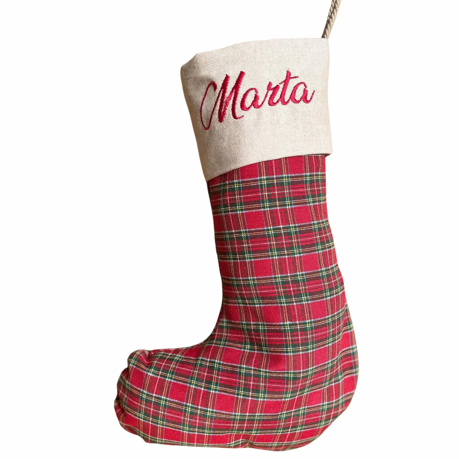 Calza Befana Personalizzata con Nome Ricamato – Calza Natalizia Artigianale in Tartan Rosso