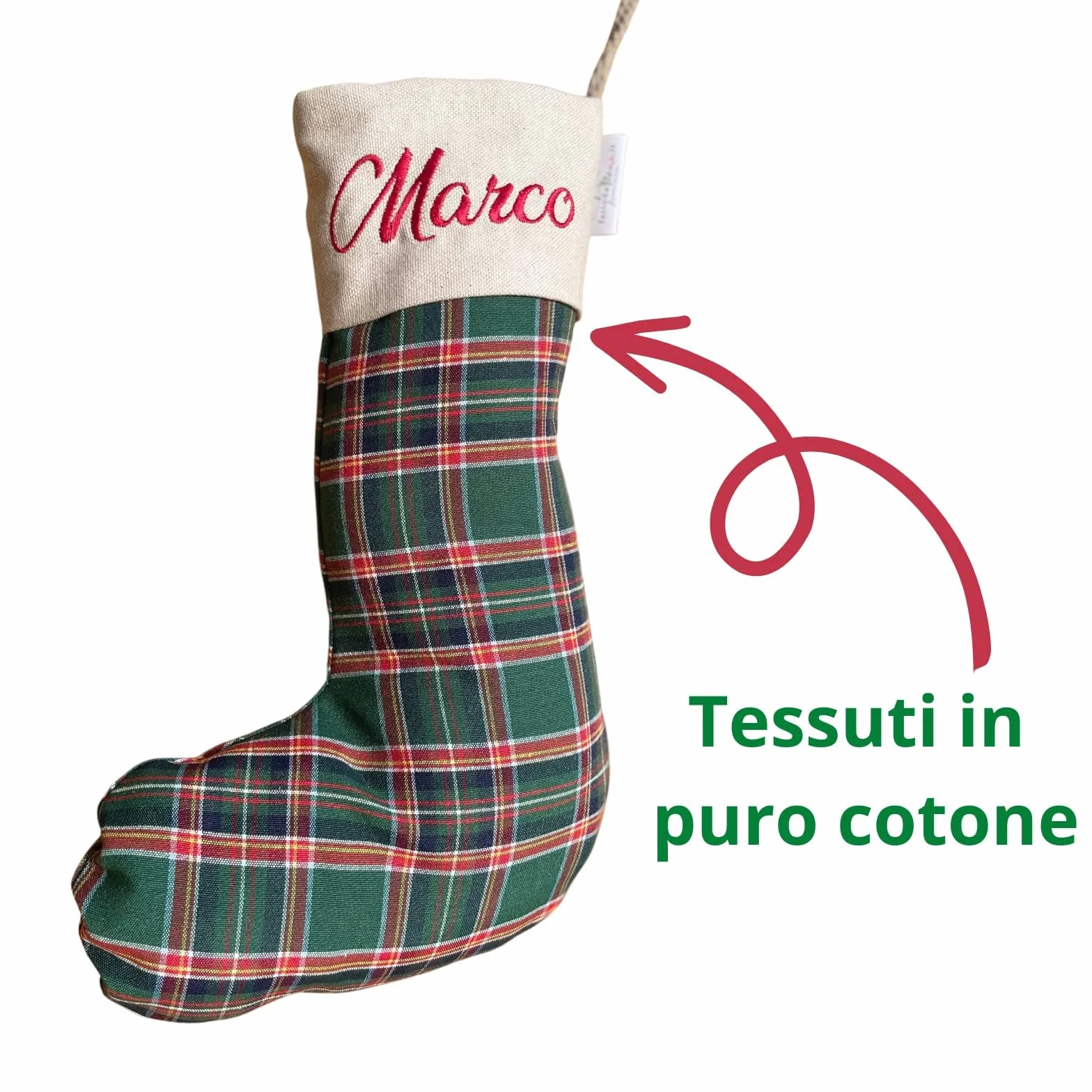 Calza Befana Personalizzata con Nome Ricamato – Calza Natalizia Artigianale in Tartan Rosso