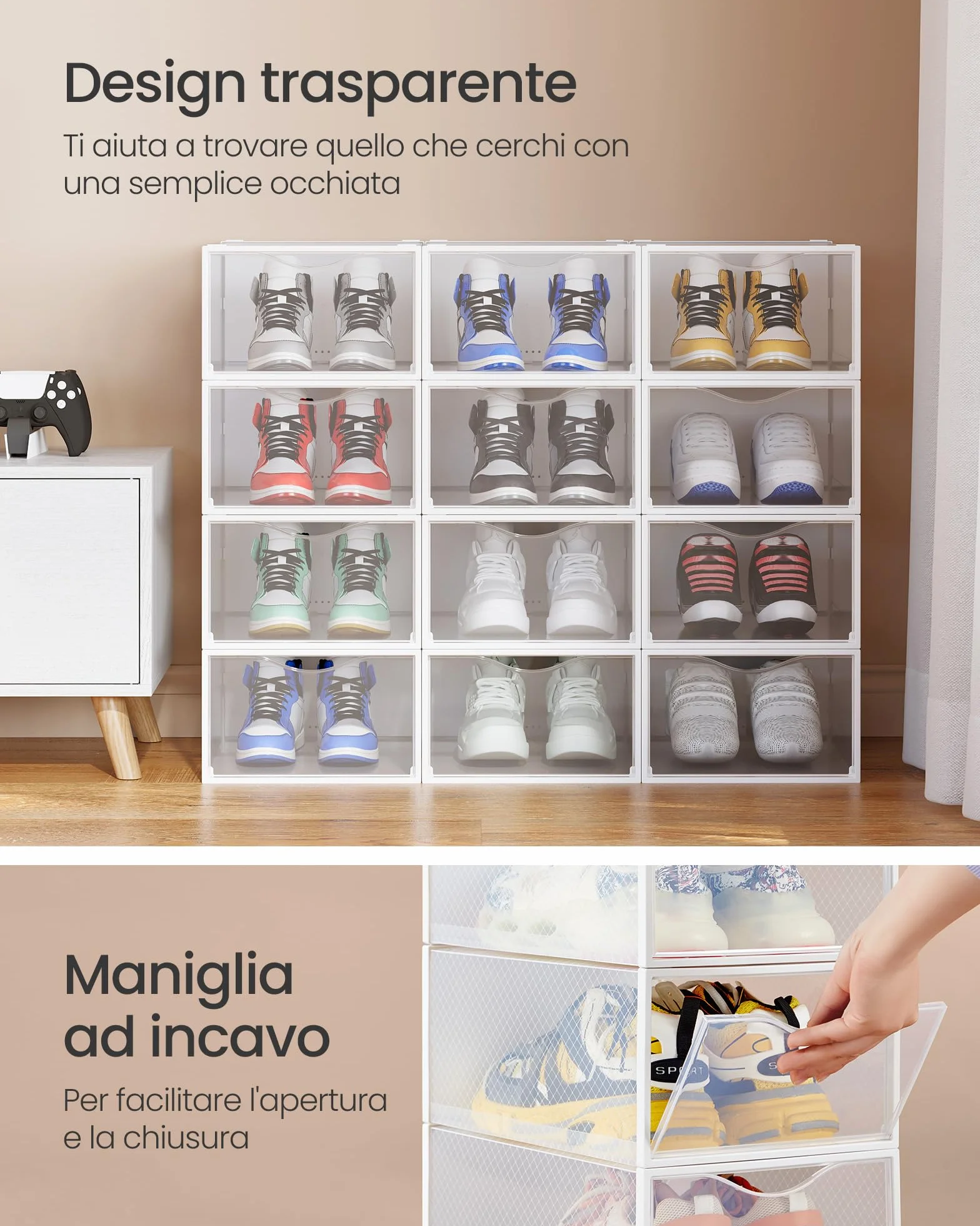 SONGMICS Scatole Contenitori per Scarpe in Plastica Trasparenti 12 Pezzi 33,2 x 23 x 14,5 cm Impilabili