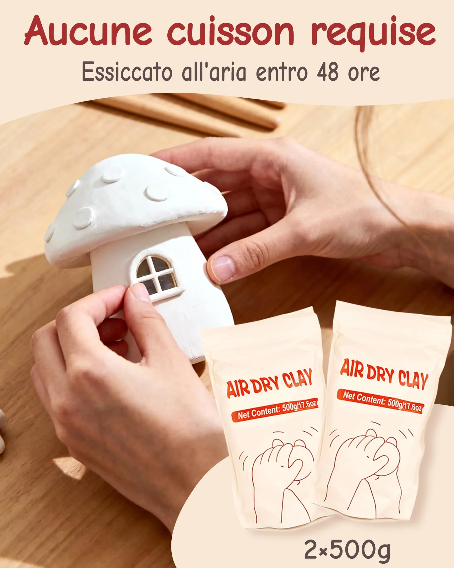 Kit Argilla Senza Cottura 1 kg con Vernice Lucida Trasparente e 6 Attrezzi Ceramica per Principianti e Adulti