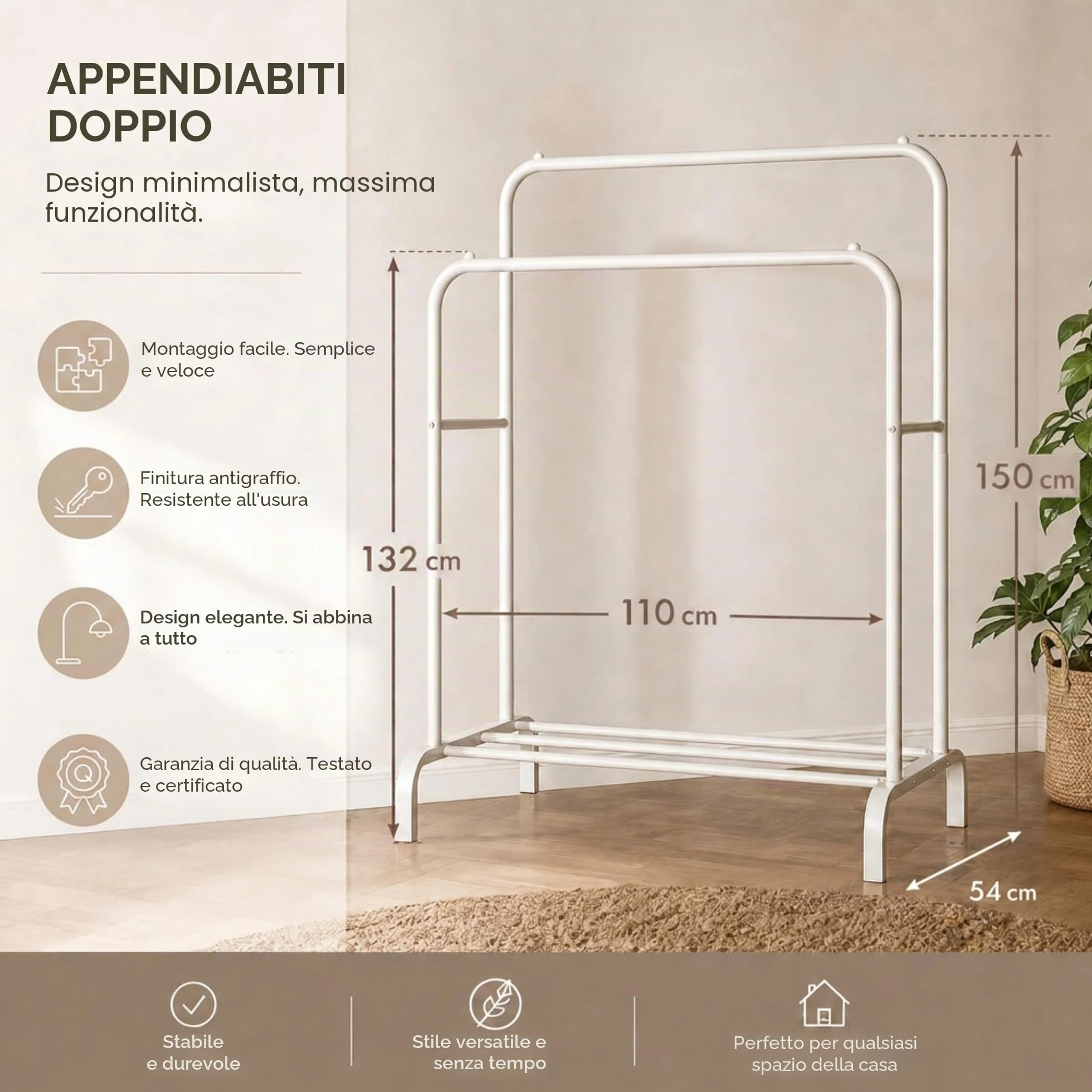 edihome Doppio Appendiabiti da Terra 110 x 150 x 54 cm Metallico con Supporto per Scarpe Bianco