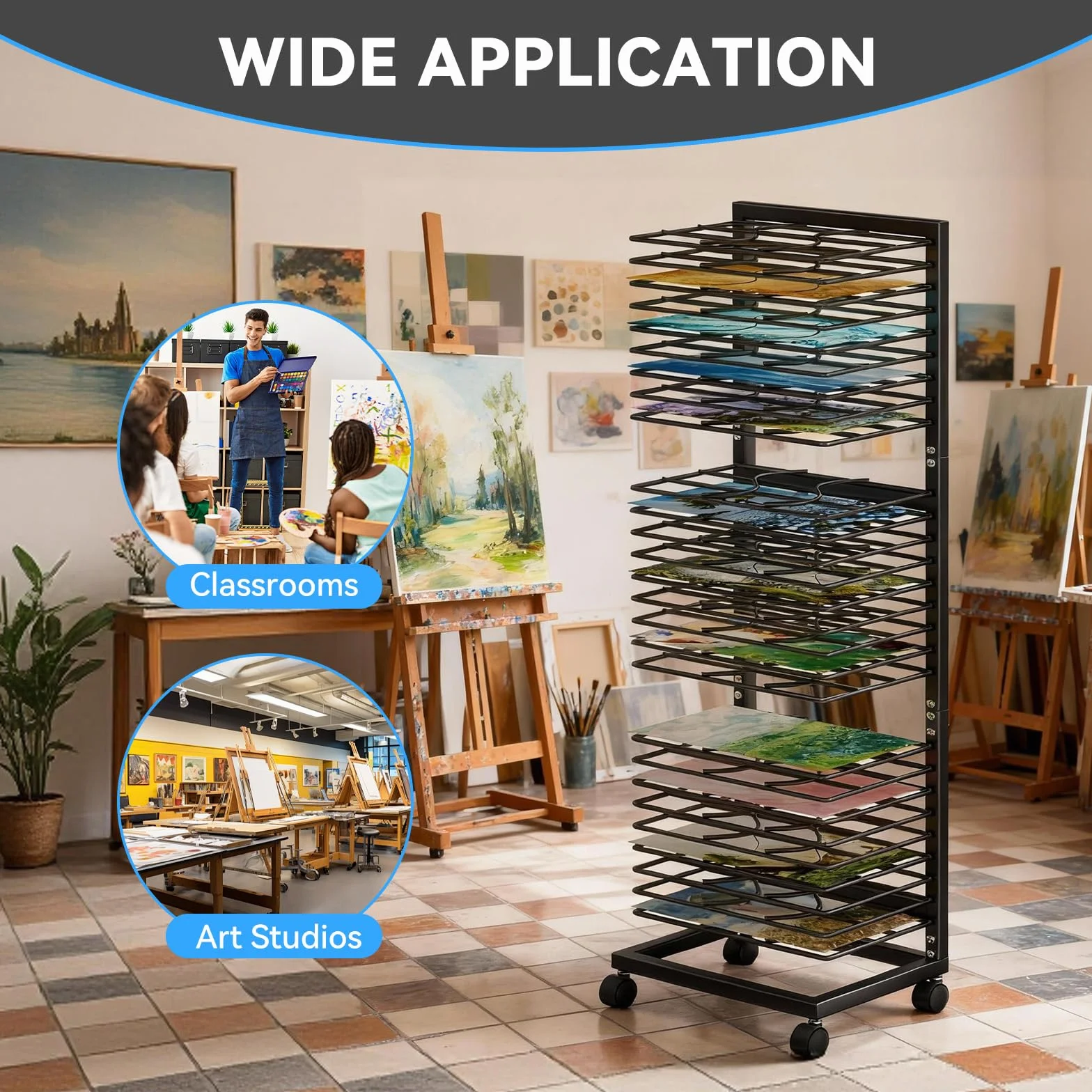 Stendino per Pittura,Stendino per Quadri con 27 Ripiani Rimovibili,4 Ruote Bloccabili,Supporto per l’Asciugatura di Opere d’Arte, per Studio, Laboratorio e Scuola