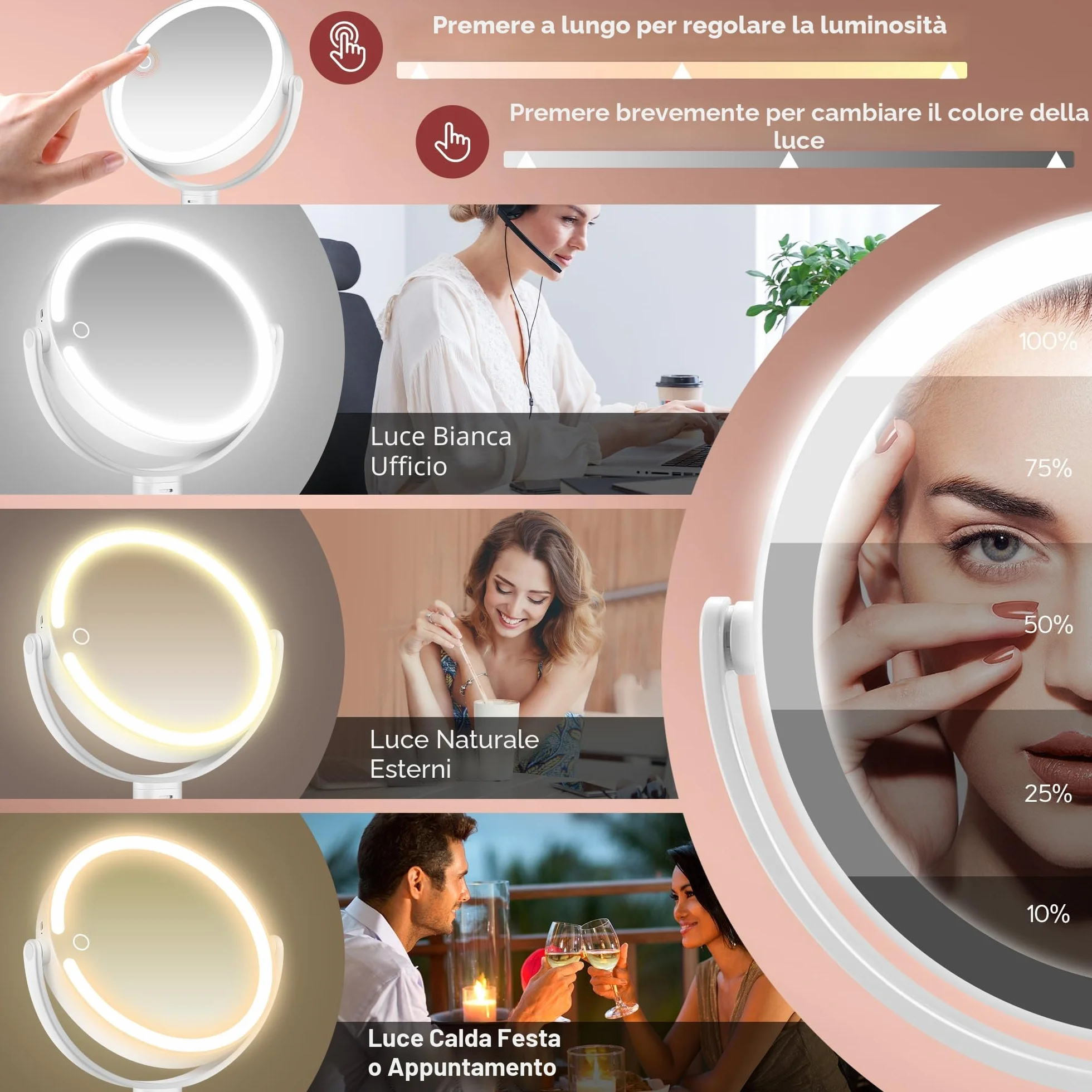 B Beauty Planet Specchio da Trucco Illuminato 30 X con 3 Luci di Colore, LED Dimmerabile e Regolabile in Altezza – Specchio Cosmetico 2 Lati per Bagno – Regalo per Donne Bianco