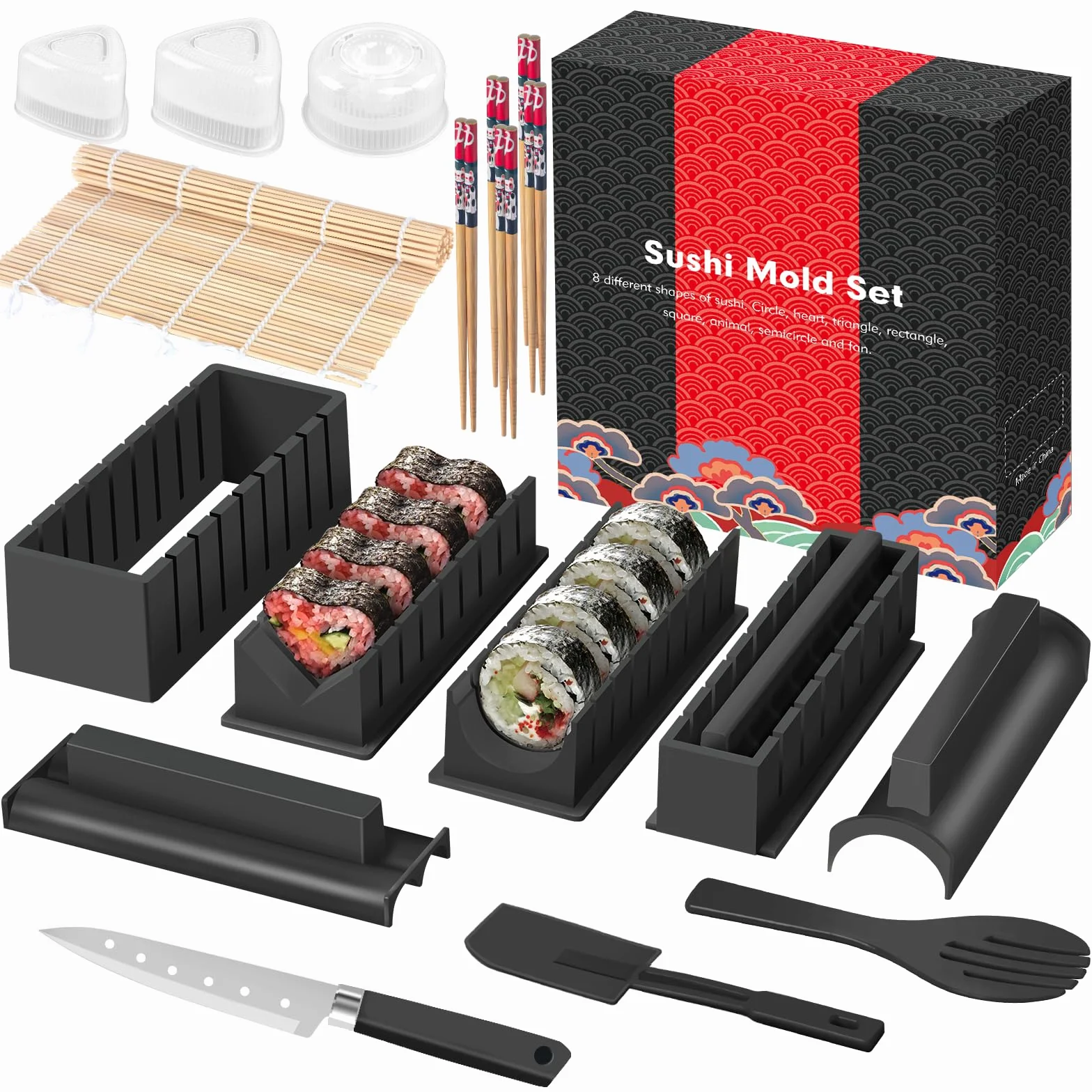 Kit sushi set 20 pezzi, adatto ai principianti da preparare da soli, con stampo per polpette di riso, coltello, tappetino per rotolare, bacchette, set completo Piatti da sushi (Nero)