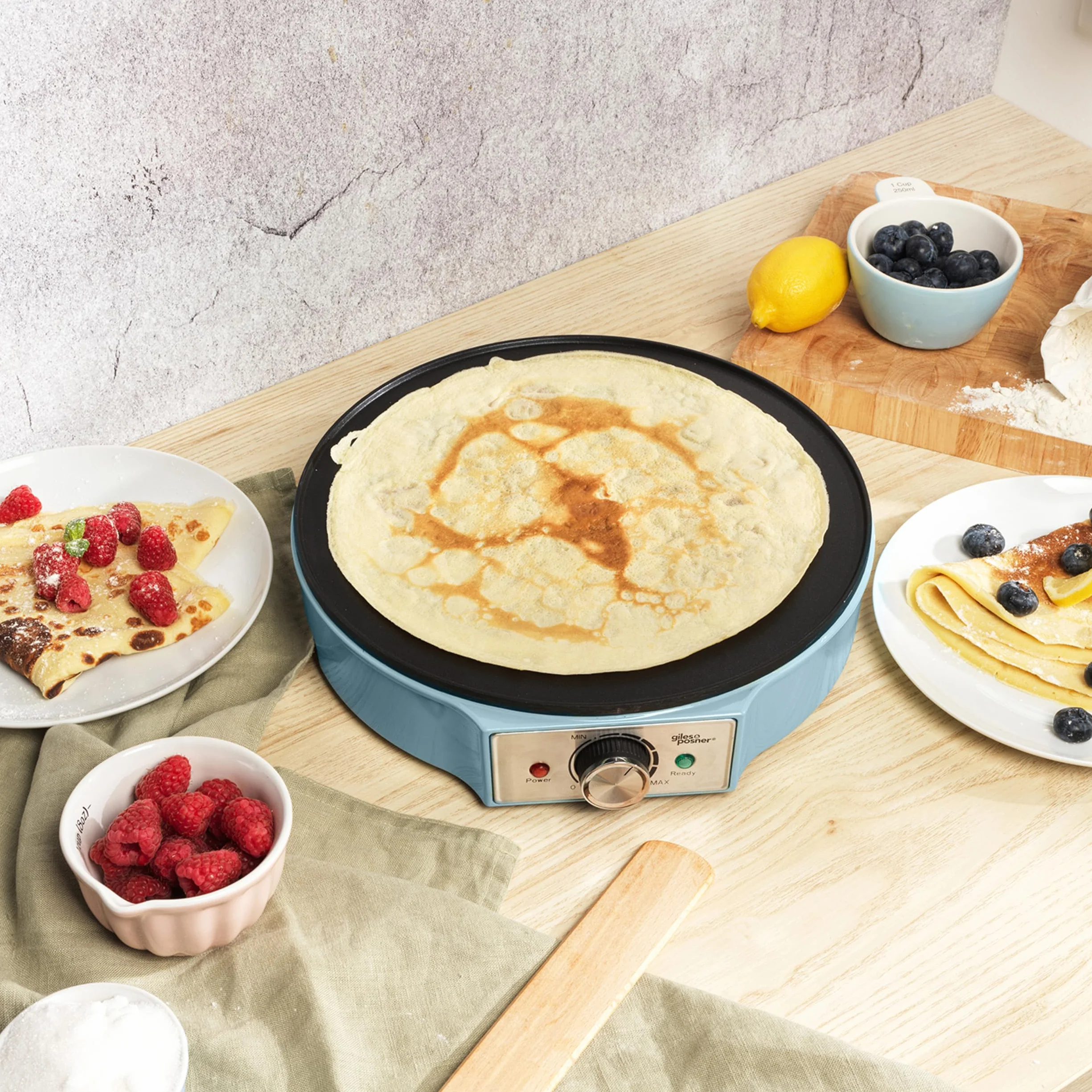 Giles & Posner Crepe Maker Piastra Elettrica Antiaderente 30 cm 1000W Temperatura Regolabile Blu