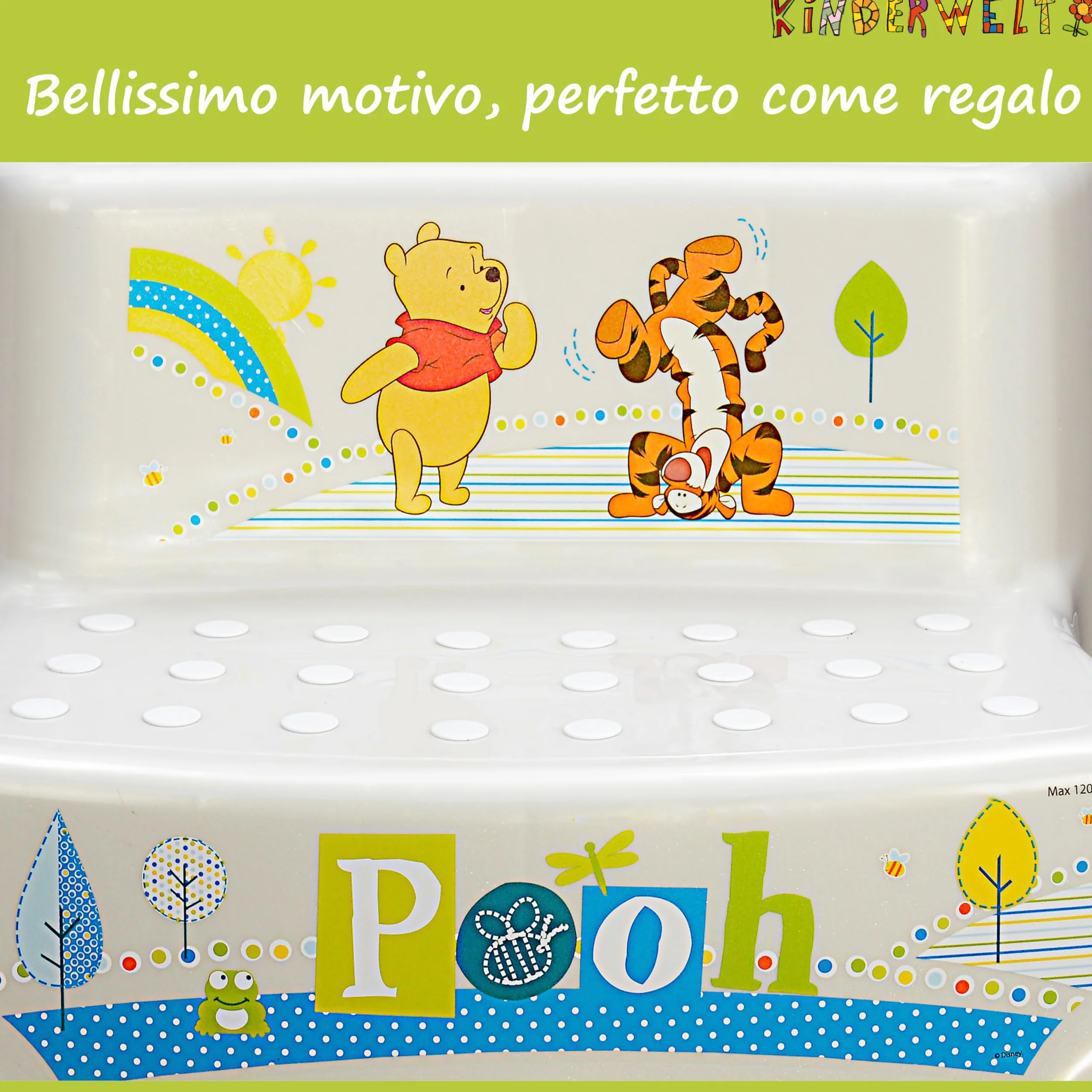 KINDERWELT bianco perla Premium sgabello a due gradini Disney Winnie the Pooh sgabello stabile per bambini con funzione antiscivolo bianco perla con grana unica piacevole effetto glitter individuale