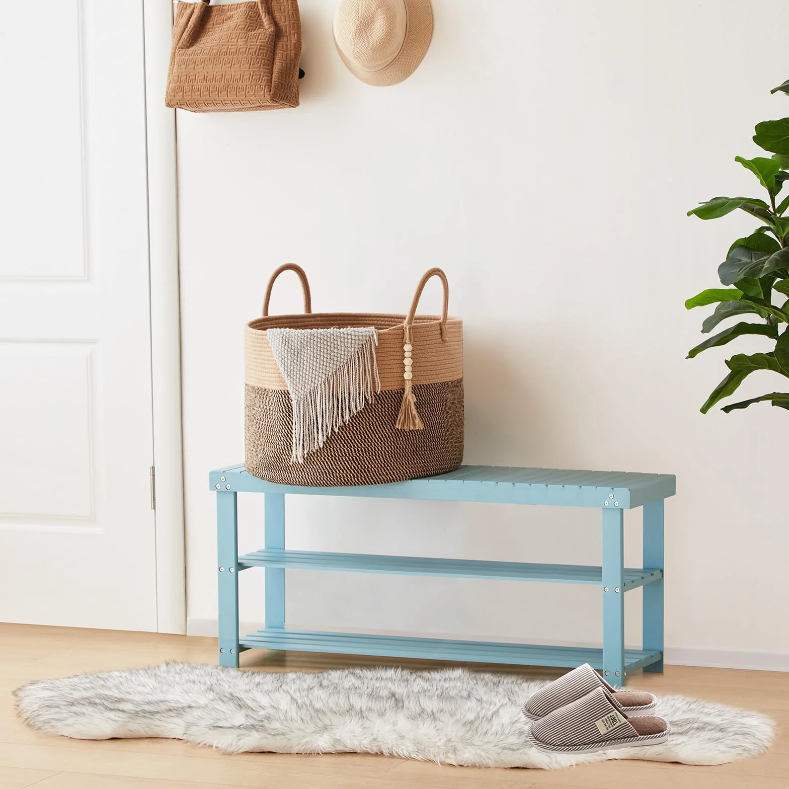 YOUDENOVA Cesto portabiancheria in legno con perline decorative, cestino portaoggetti per bambini, cesto per coperte in corda di cotone grande