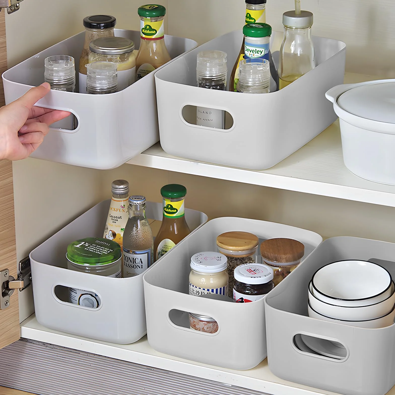 Cestini Portaoggetti Plastica con Manici 12 Pezzi per Bagno Cucina Armadio Grigio