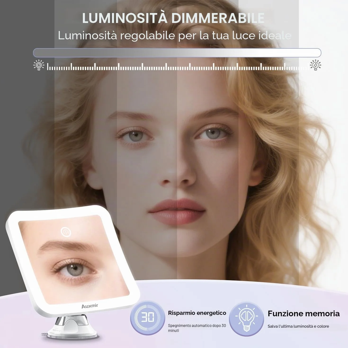 Auxmir Specchio Ingranditore 30X Ricaricabile, Specchio Trucco con 3 Colori di Luce LED, Luminosità Regolabile Ventosa Potente, Specchio Cosmetico da Bagno
