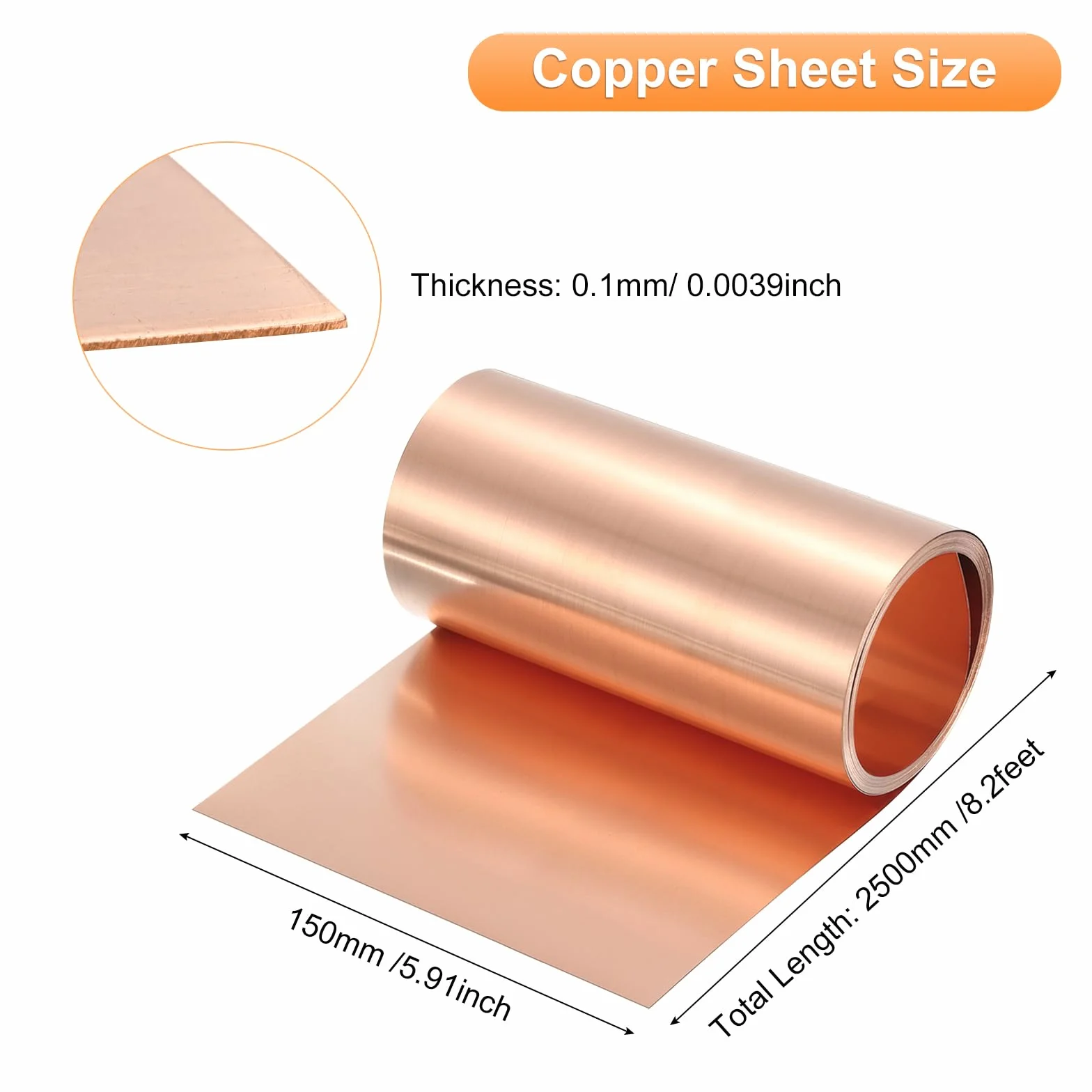 QUARKZMAN Rotolo Di Lamiera Di Rame 2500mm x 150mm x 0.1mm 38 Gauge 99.9% Puro Striscia Di Rame