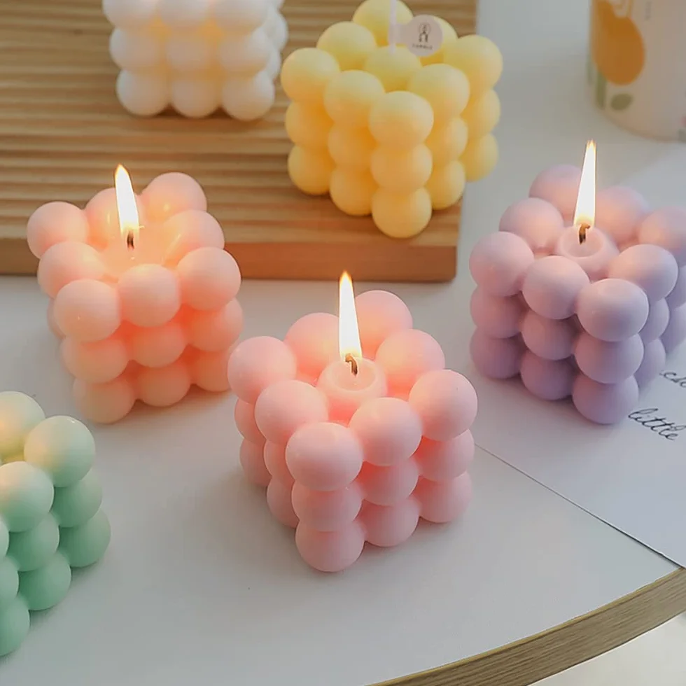 Stampi in Silicone Rosa per Candele Cubo a Bolle 3D, Set da 6 con 100 Stoppini e Porta Stoppino