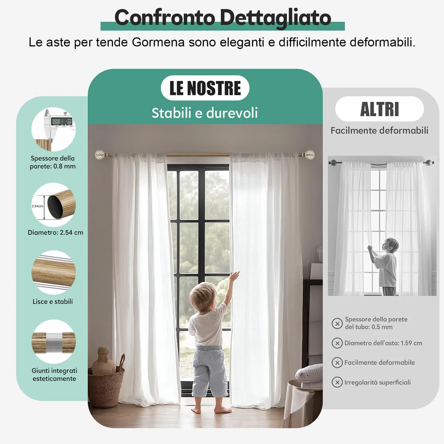 Bastone Tenda Effetto Legno Chiaro Asta Metallica Estensibile 80-218 cm Diametro 25 mm Alta Portanza Parete