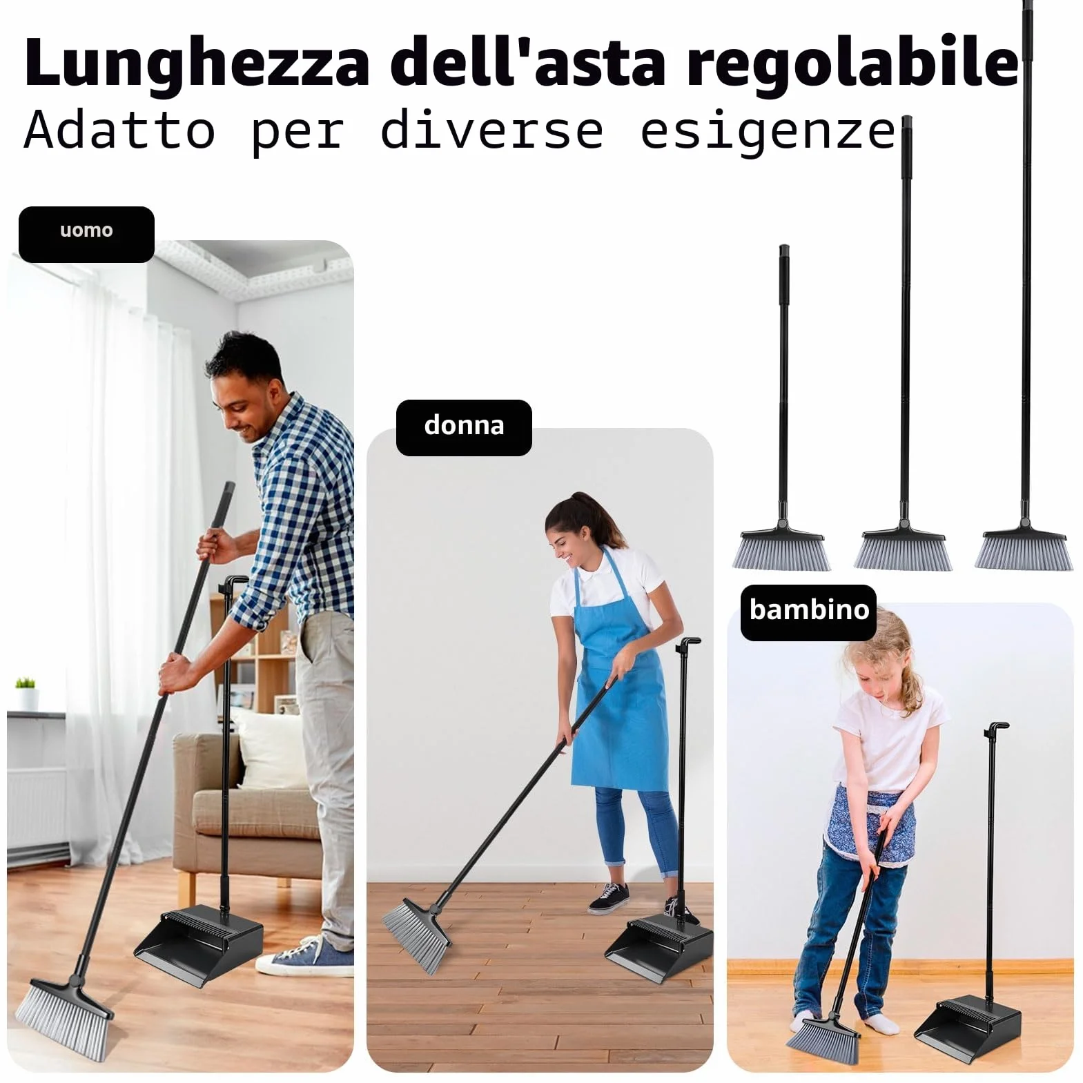 Set scopa e paletta, set paletta e spazzola a manico lungo, set scopa verticale per spazzare, spazzola rotante a 180 gradi, paletta domestica con denti a pettine per interni, esterni, casa e cucina.