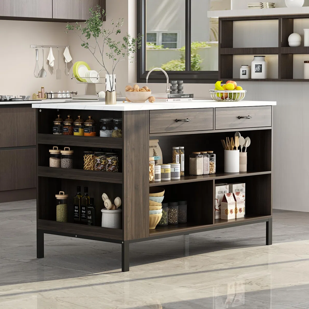 Isola da cucina marmorizzata - mobile 2 cassetti, tavolo da colazione, bar e ripiani MDF 75x140x92 cm