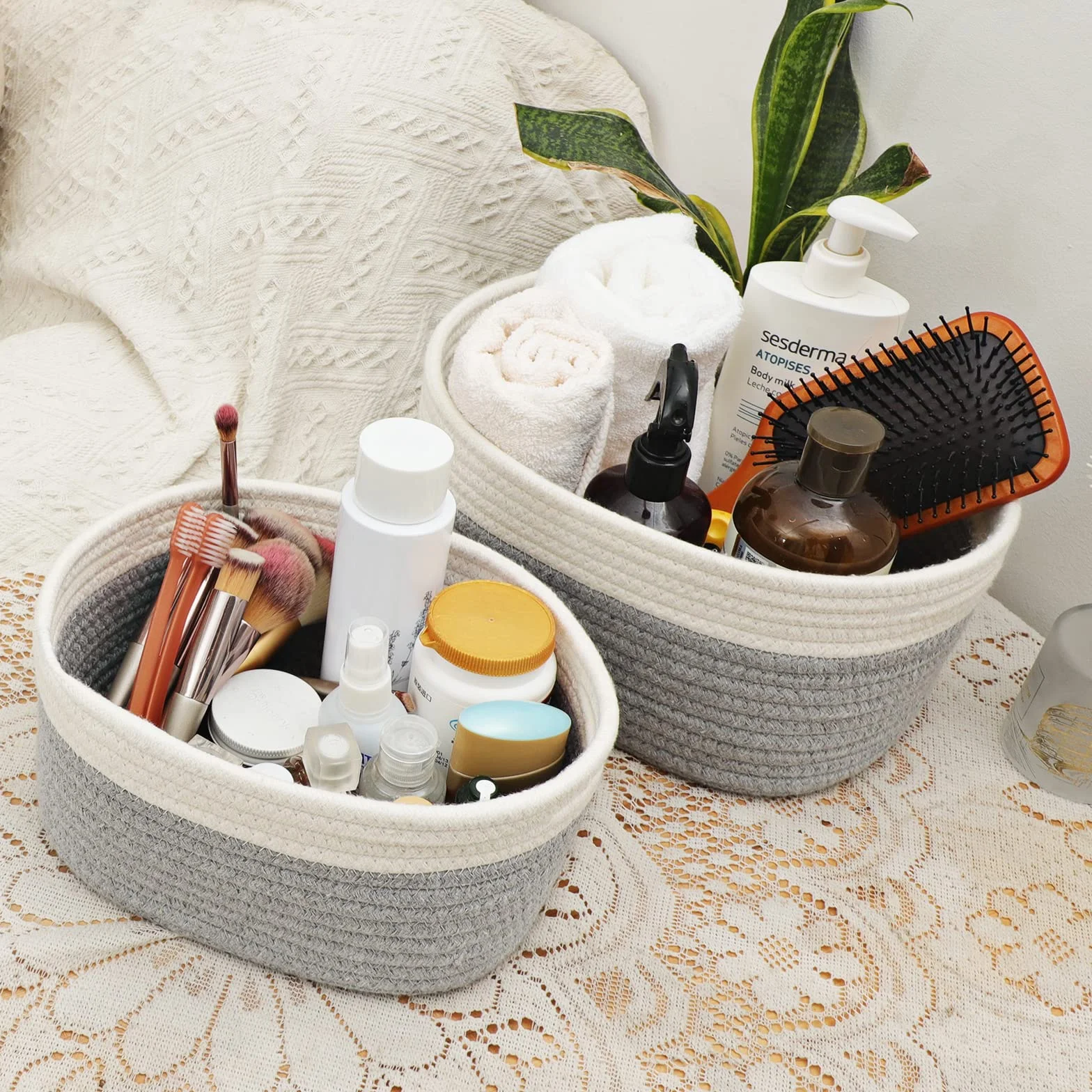 Lannvan Set di 5 Cestini Portaoggetti Intrecciato in Corda di Cotone per Bambini Impilabile Organizer Bagno