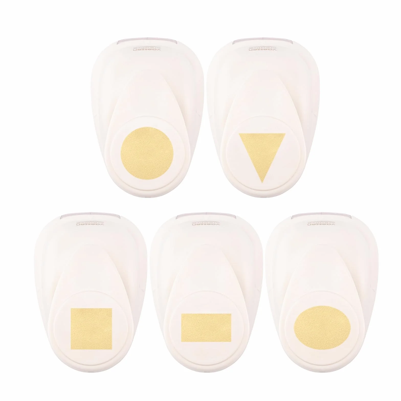 Vaessen Creative Fustellatrice per Carta Set 5 pz-Forme Geometriche-Ø, 2 x 1,9 cm, 1,8 cm, 2,3 1,8 x 2,5 cm-Accessori per Fai da Te, Scrapbooking e Biglietti, Bianco-Oro, Vari, 5 unità