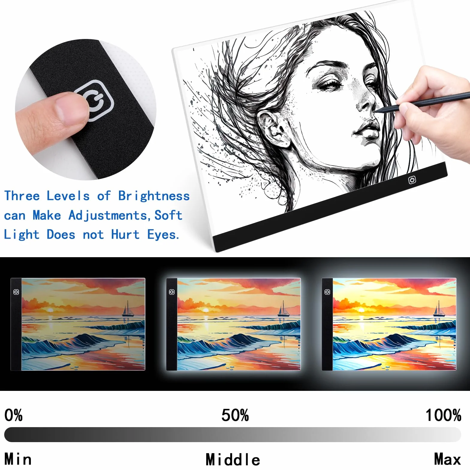 Coolzon A3 Tavoletta Luminosa LED Light Pad con Luminosità Regolabile per Animazione, Disegno