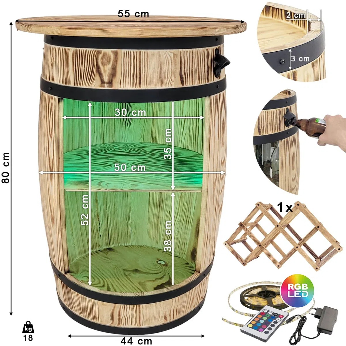 weeco Barile bar con coperchio e luci LED RGB e portabottiglie – supporto decorativo – tavolo da bar – tavolo da bar – barile in legno – tavolo da 80 x 50 cm