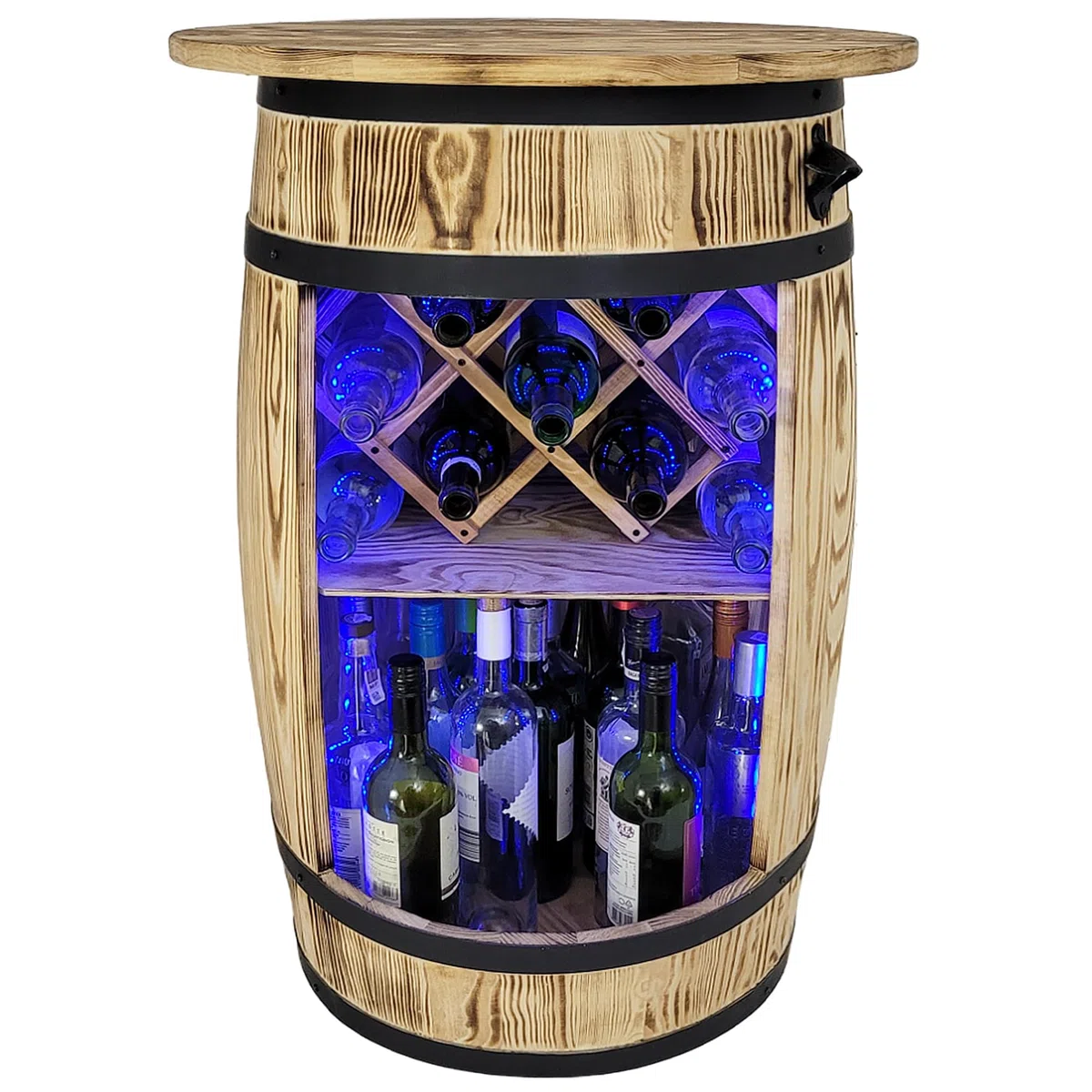 weeco Barile bar con coperchio e luci LED RGB e portabottiglie – supporto decorativo – tavolo da bar – tavolo da bar – barile in legno – tavolo da 80 x 50 cm