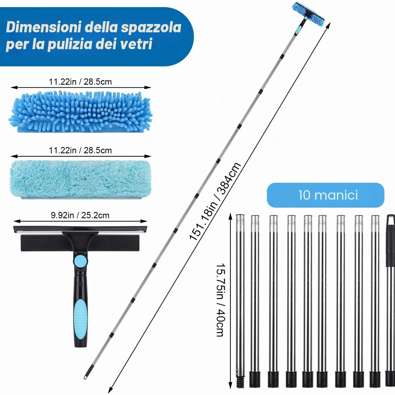 4.3m Pulitore per finestre estensibile, attrezzatura per la pulizia dei vetri delle finestre 2 in 1, strumento telescopico lungo per la pulizia dei vetri delle auto con 2 panni in microfibra e lama