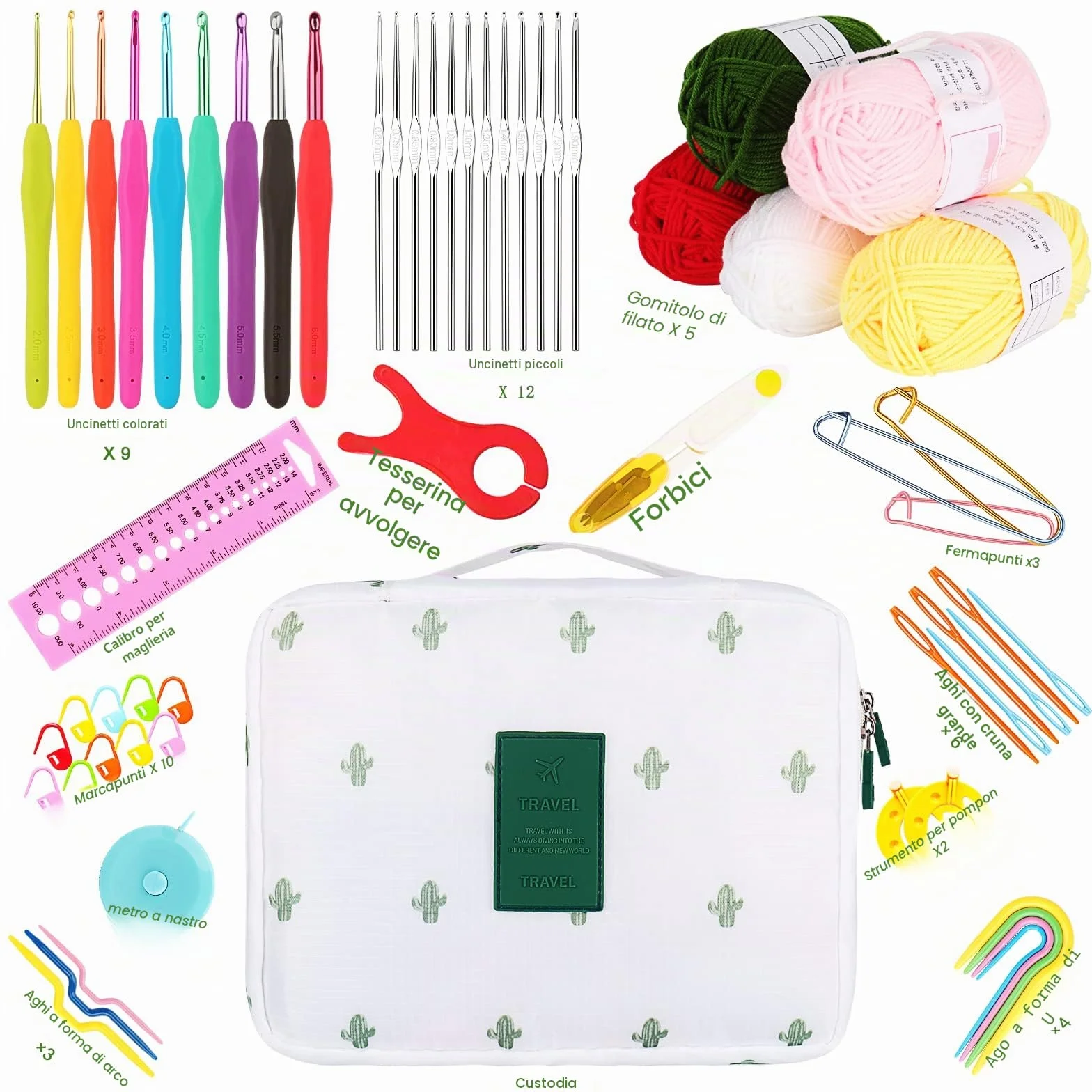 Coopay Set di uncinetti ergonomici in metallo 0,6-6 mm per principianti con accessori e custodia
