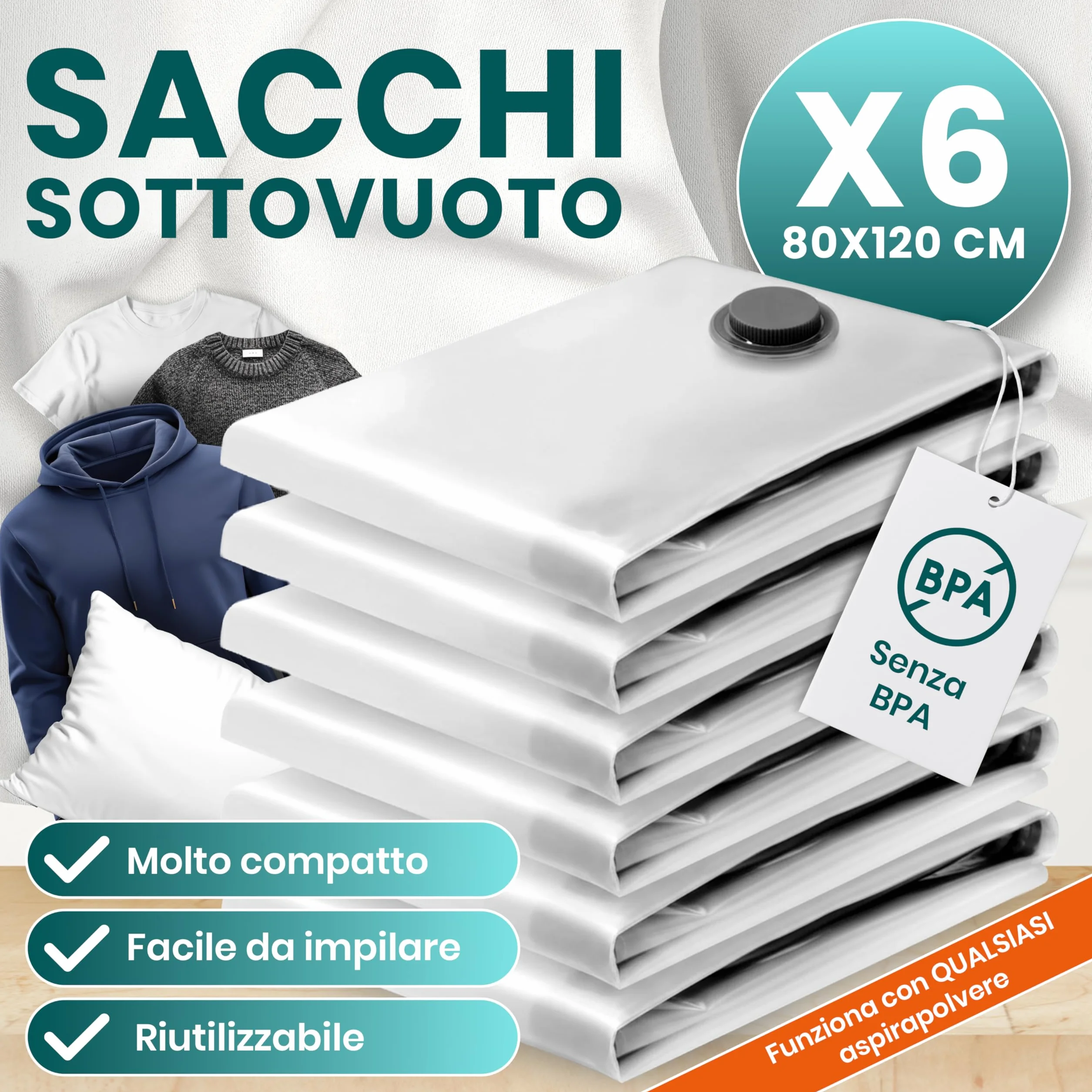 myHodo Sacchetti Sottovuoto XXL 80x120 cm 6 Pezzi Riutilizzabili Doppia Chiusura Ermetica