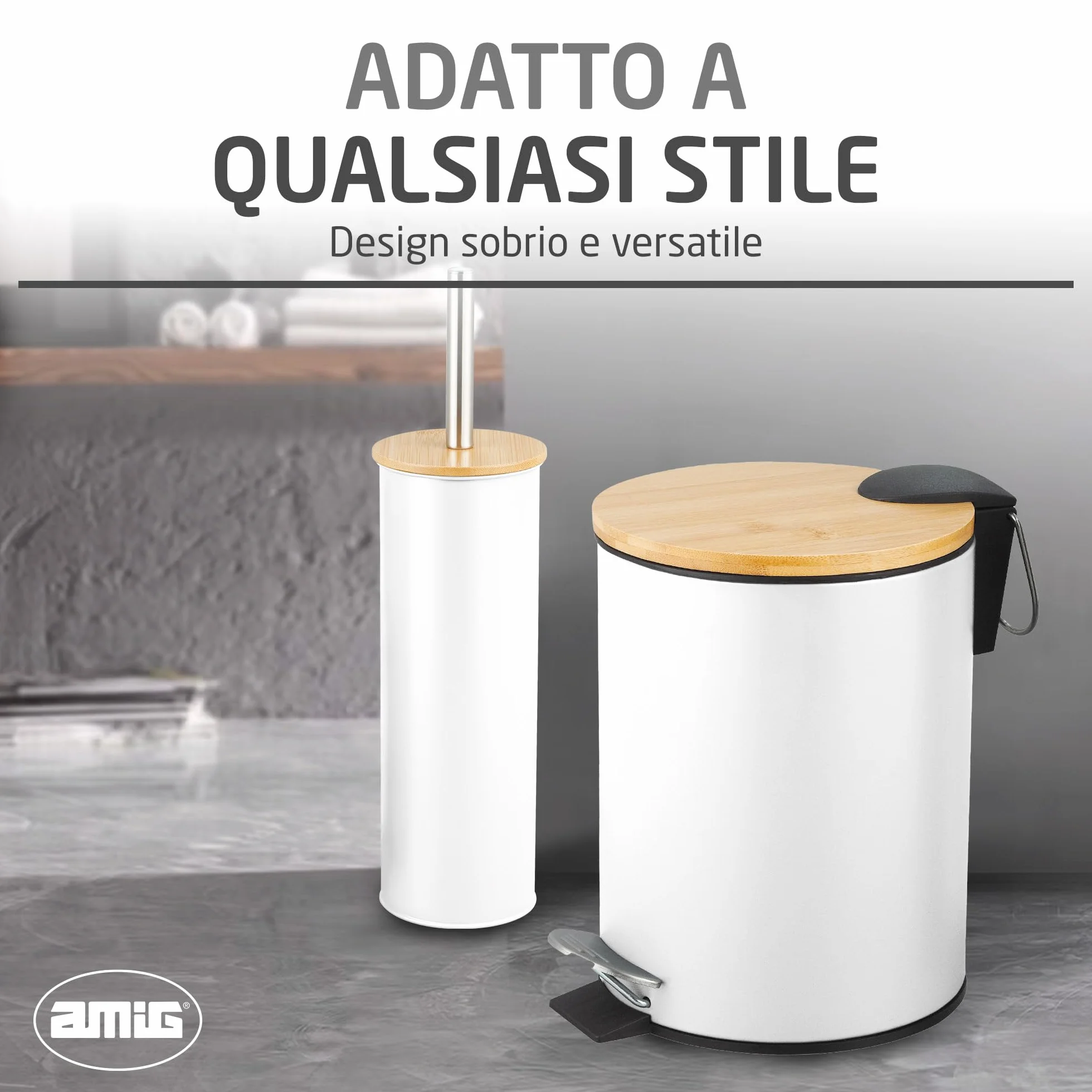 Amig Naturline Set Pattumiera e Portascopino Ø168x230 mm Acciaio Bambù Bianco