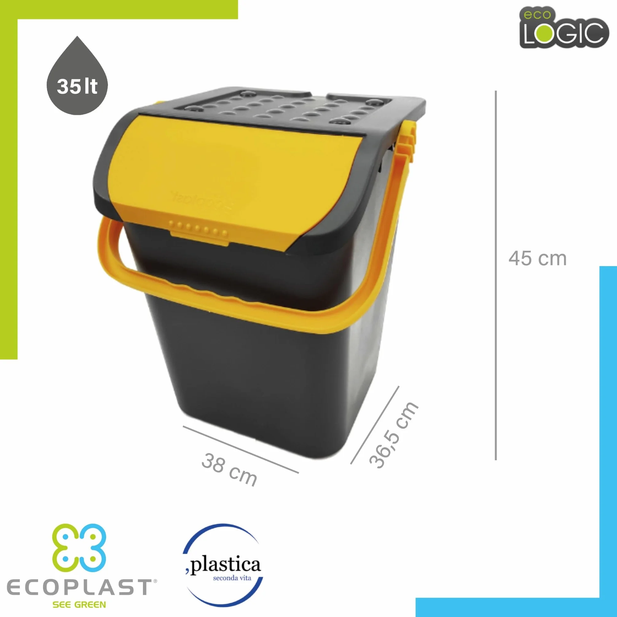 Ecoplast | Tris di Pattumiere per Raccolta Differenziata 35 Lt, Colori Assortiti Giallo/Verde/Blu, 38x36,5x45 , Made in Italy