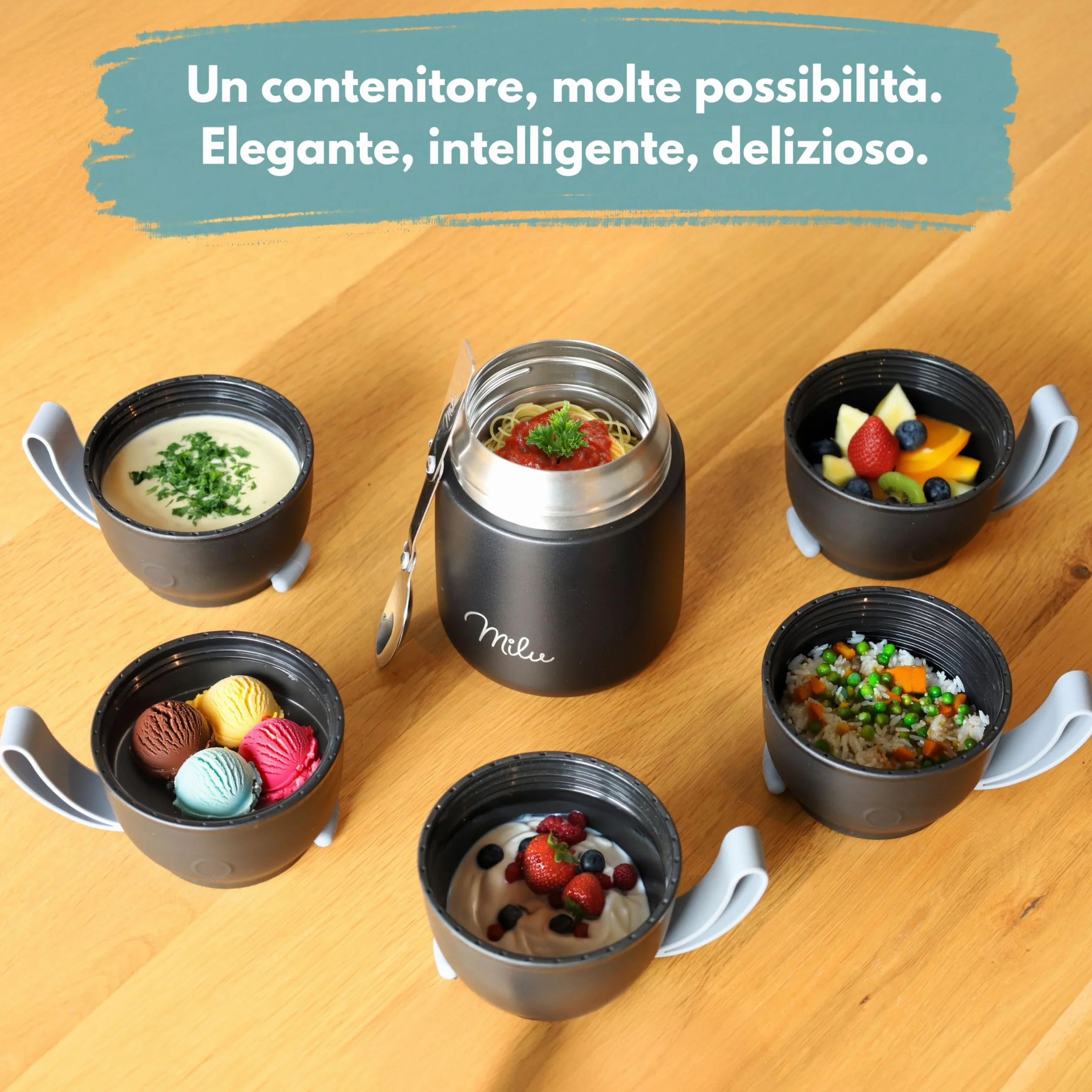 Milu Thermo per Alimenti 450 ml Contenitore Termico Acciaio Inossidabile Isotermico Sottovuoto Cibi Caldi Freddi Verde Blu