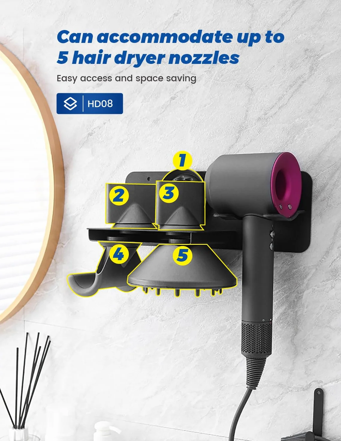 Porta Phone Bagno da Muro, Porta Phon da Muro, Porta Asciugacapelli da Parete Compatibile con Dyson Supersonic, Hair Dryer Holder Contenere Fino a 5 Bocchette per Asciugacapelli(Nero)