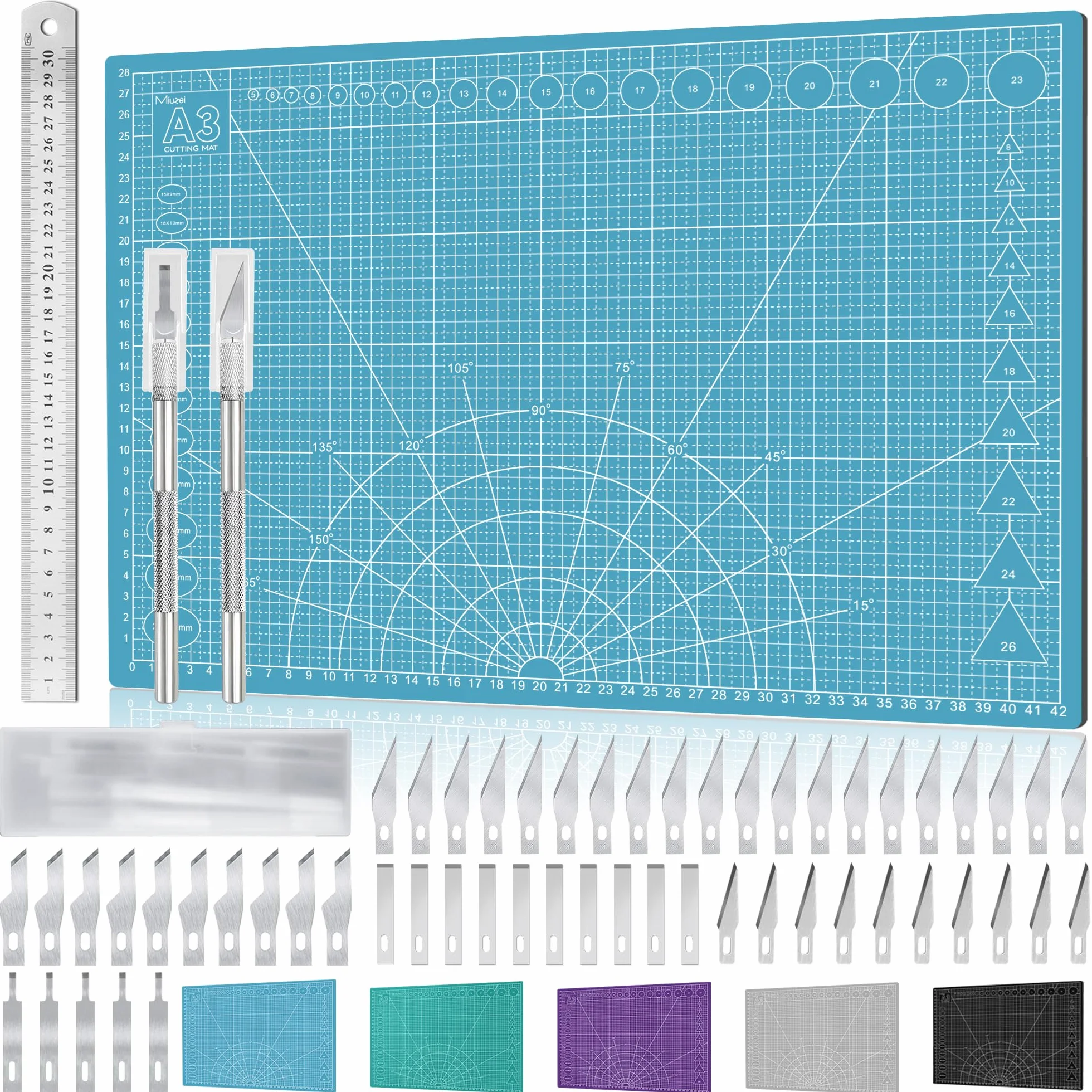 Miuzei Set Tappetini Taglio A3 Auto-cicatrizzante Disegno Cutter Bricolage Azzurro