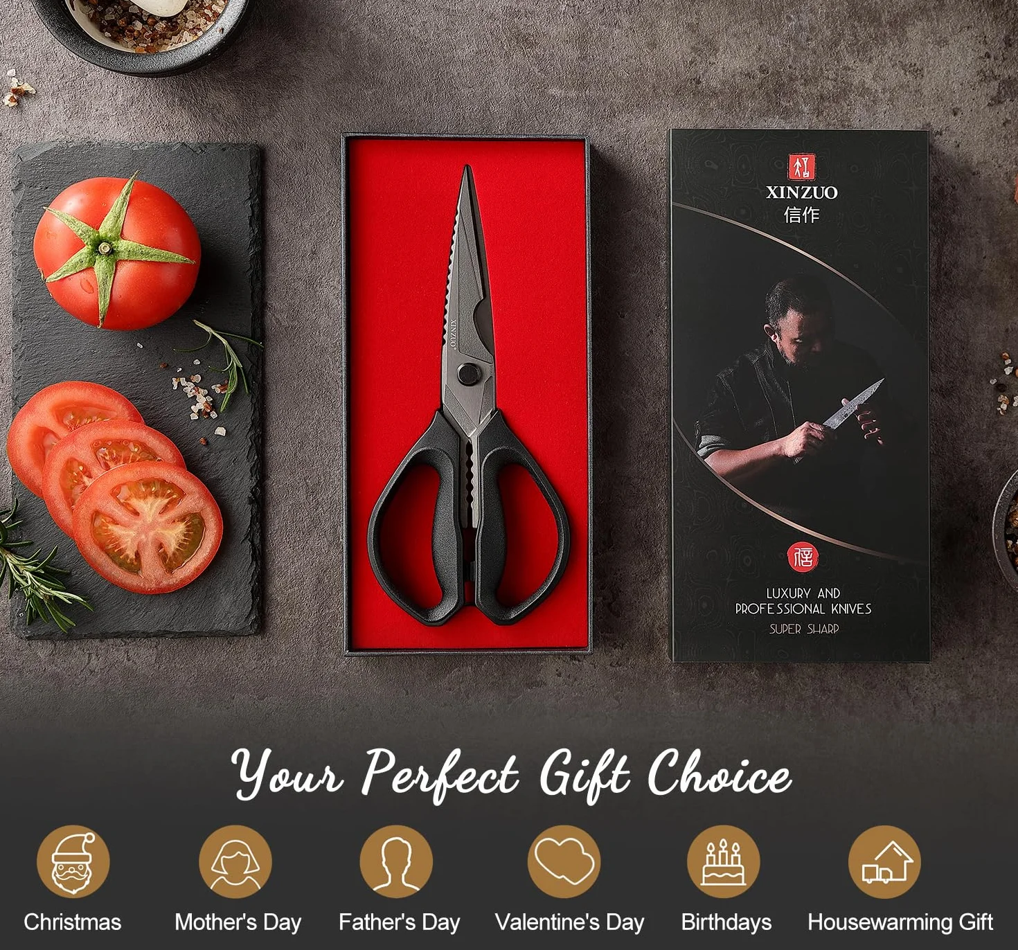 XINZUO Forbici da Cucina Professionali Acciaio Inox Rivestite in Titanio Nero Manico Antiscivolo