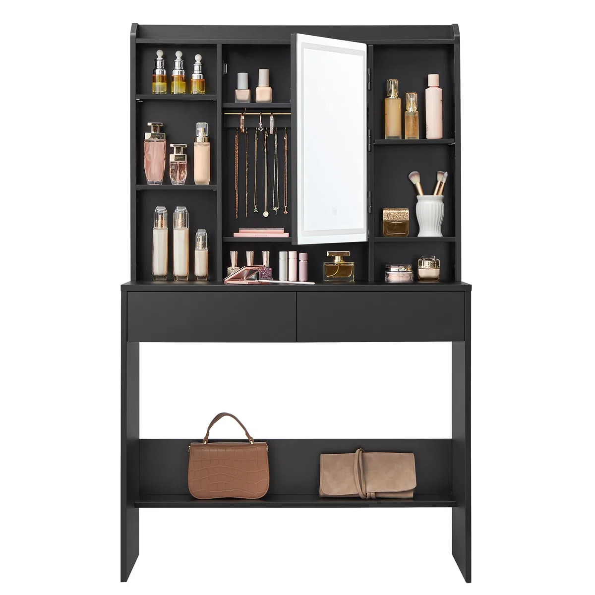 VASAGLE KAILYN Collezione - Toeletta con Luci LED 3 Colorazioni con Luminosità Regolabile, Tavolo da Trucco con Specchio, Ripiani Regolabili, 2 Cassetti, Postazione Trucco, Nero Inchiostro RDT123B01