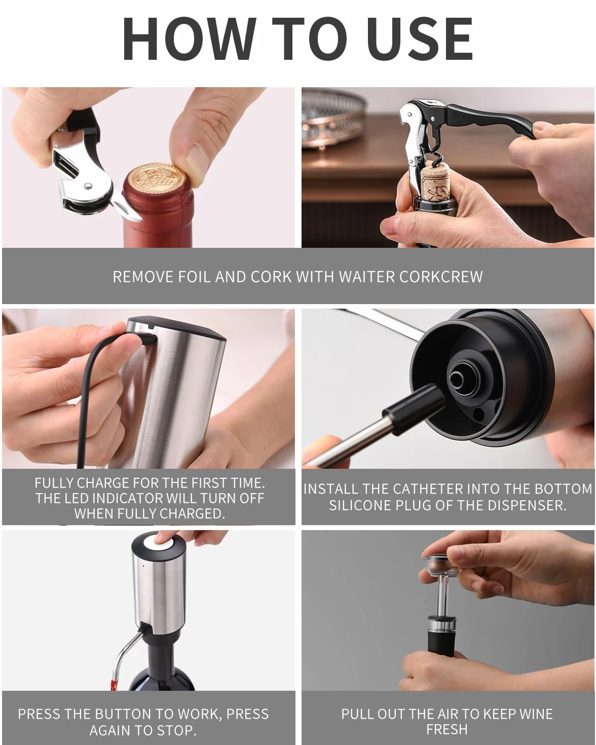 CIRCLE JOY Aeratore Elettrico per Vino Decanter Ricaricabile con Base di Conservazione Cavatappi e Tappo Sottovuoto Argento