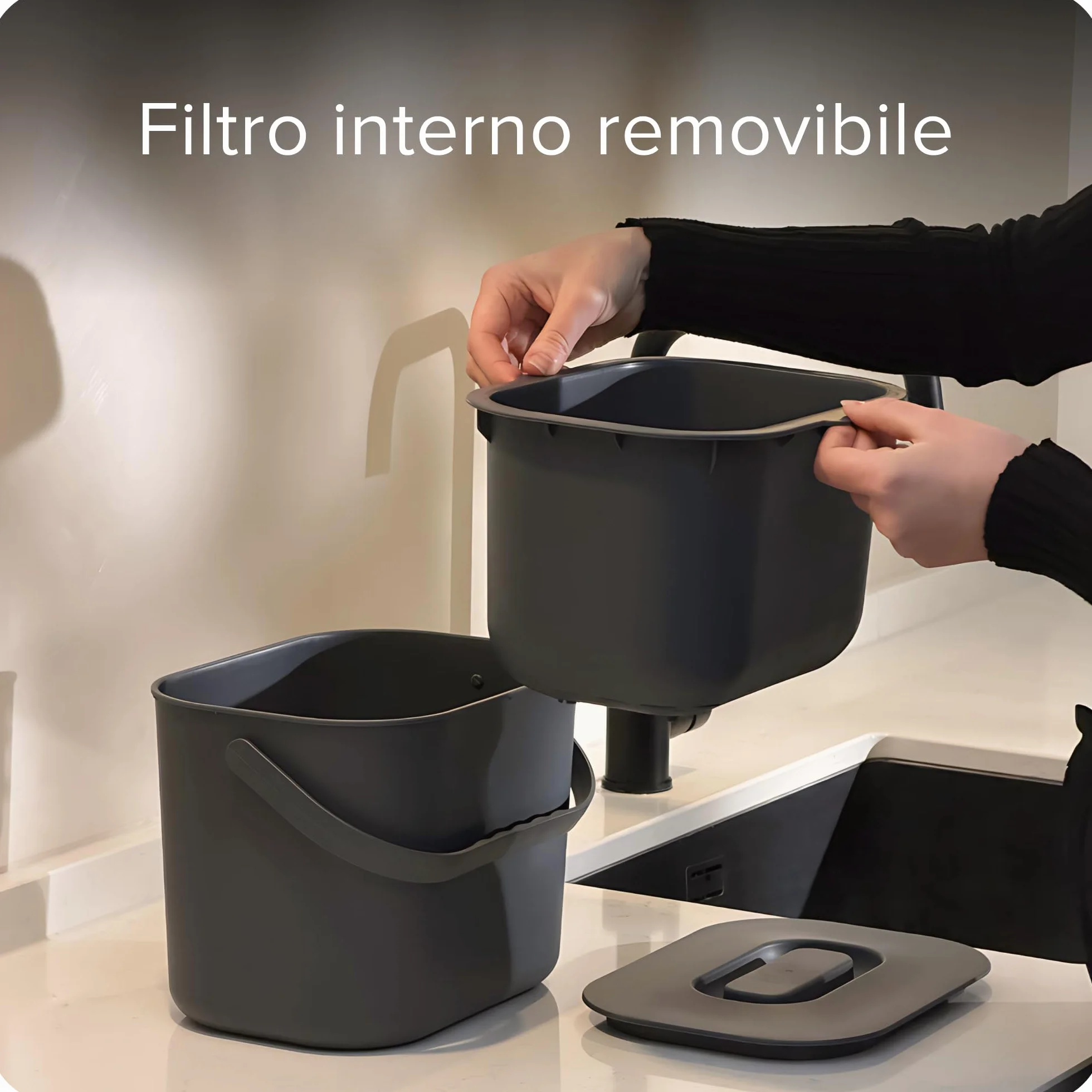 Black Sweden Home Bidone da Cucina Organico 7L per Compost- Secchio per Rifiuti Alimentari Inodore con Coperchio -Lavabile in Lavastoviglie & Ecologico- Organizer da Cucina per Uso Quotidiano | Grigio