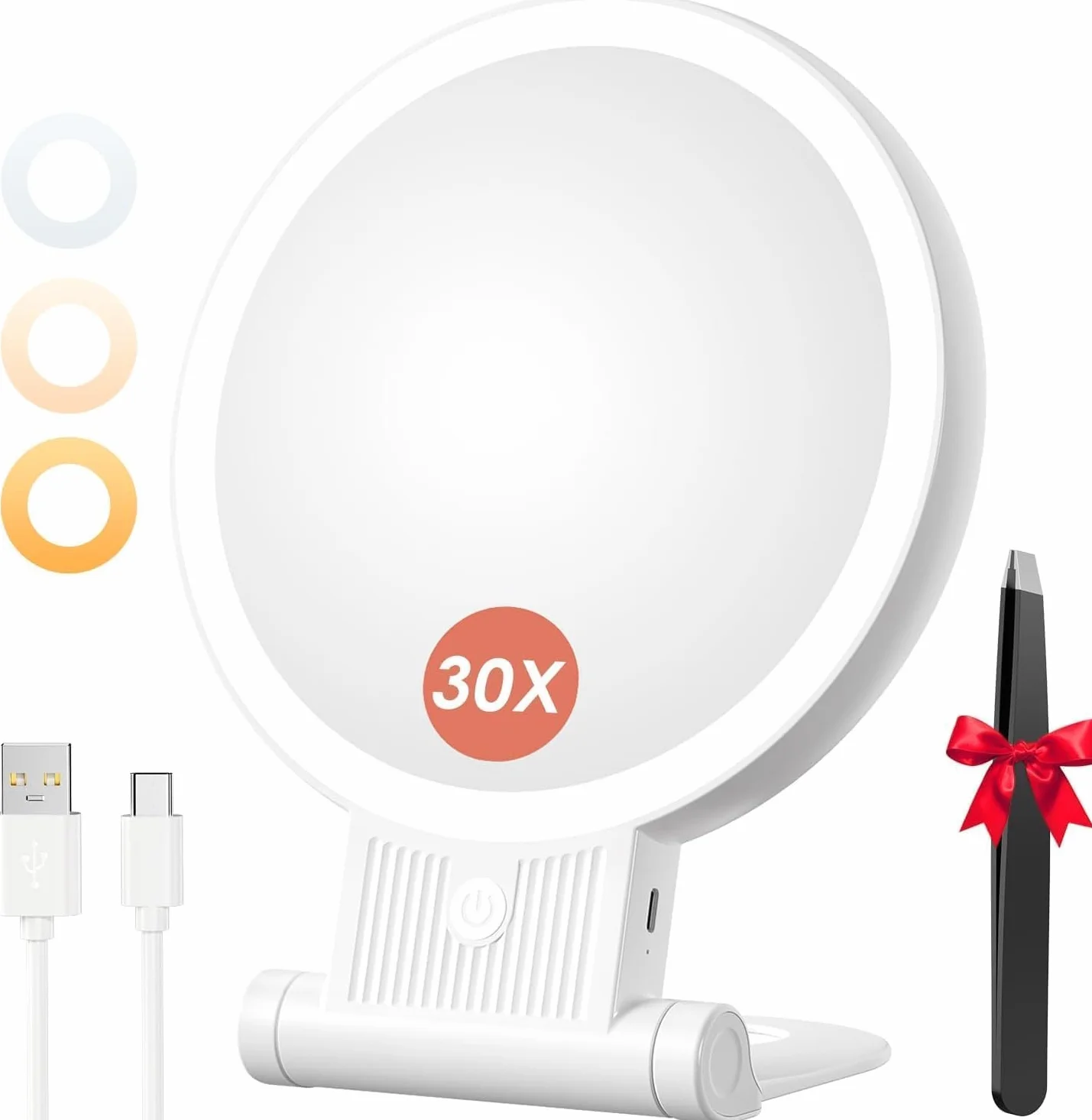 Auxmir Specchio Trucco con Luci LED, Specchio Ingranditore 30X/1X a Doppio Lato, Luminosità Regolabile a 3 Colori, Specchio da Tavolo Pieghevole con Foro per Appendere, Ricaricabile e Portatile