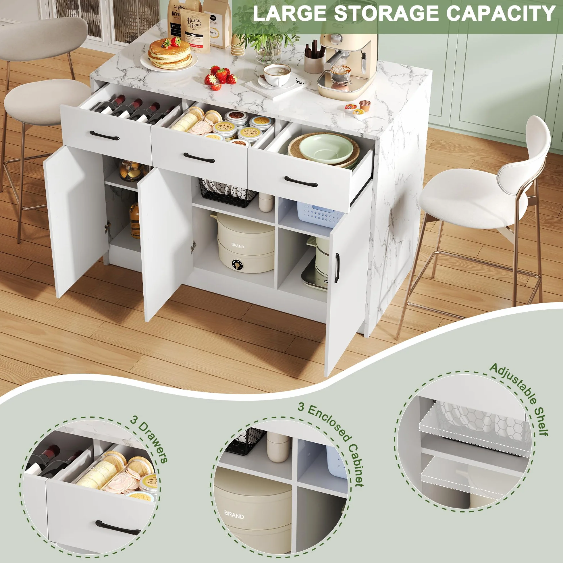 Grande isola da cucina 120 x 60 x 90,5 cm, 3 cassetti e 3 ante, design in marmo bianco, ripiani regolabili, cassetti silenziosi, design zona bar - Utensili da cucina eleganti e pratici