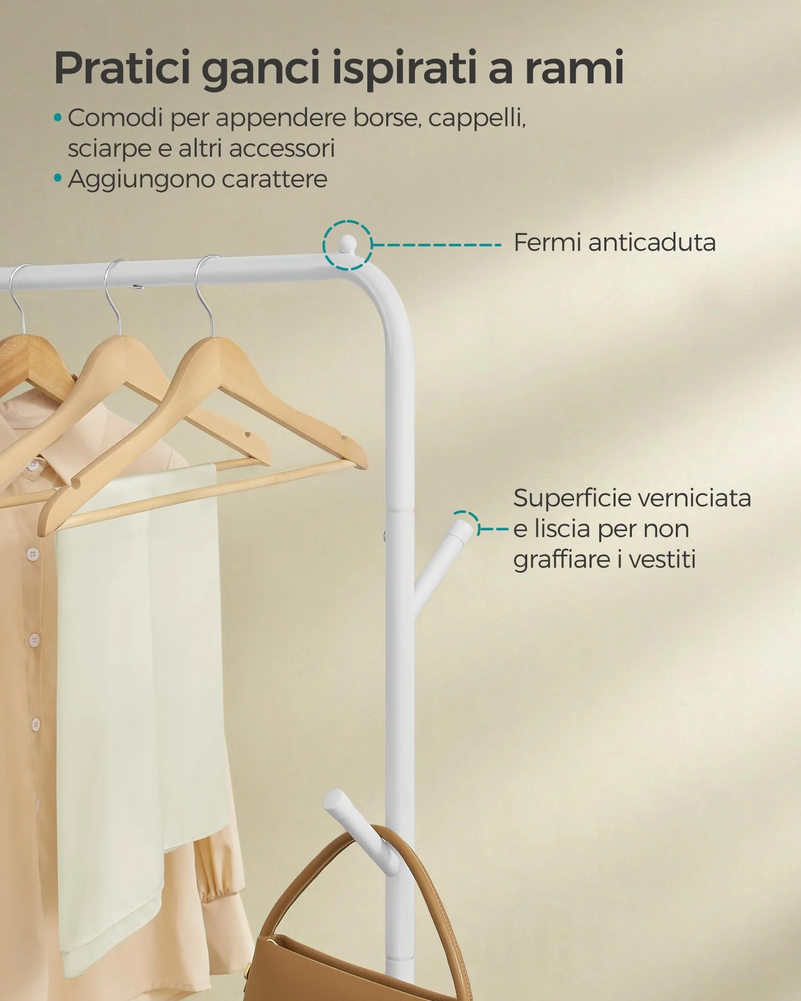 SONGMICS Appendiabiti singolo, struttura in metallo resistente, con ruote e ripiano, portata massima 50 kg, larghezza 103,5 cm, colore: bianco nuvola HSR131W01